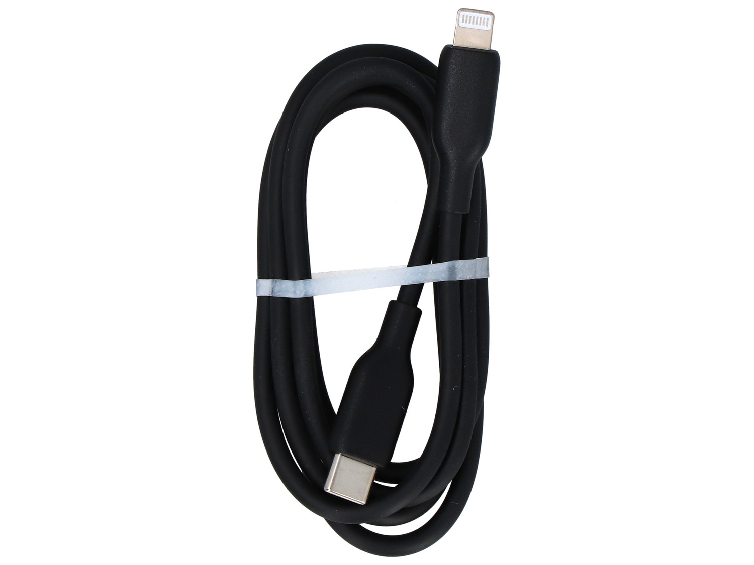Czarny kabel ze złączami Lightning i USB-C, zwinięty.
