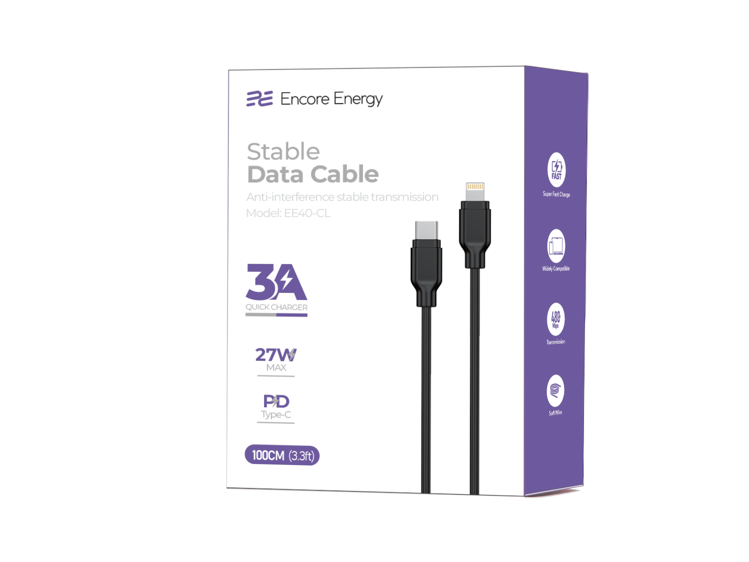 Opakowanie stabilnego kabla danych ze złączami USB-C i Lightning, 27W, 100cm.
