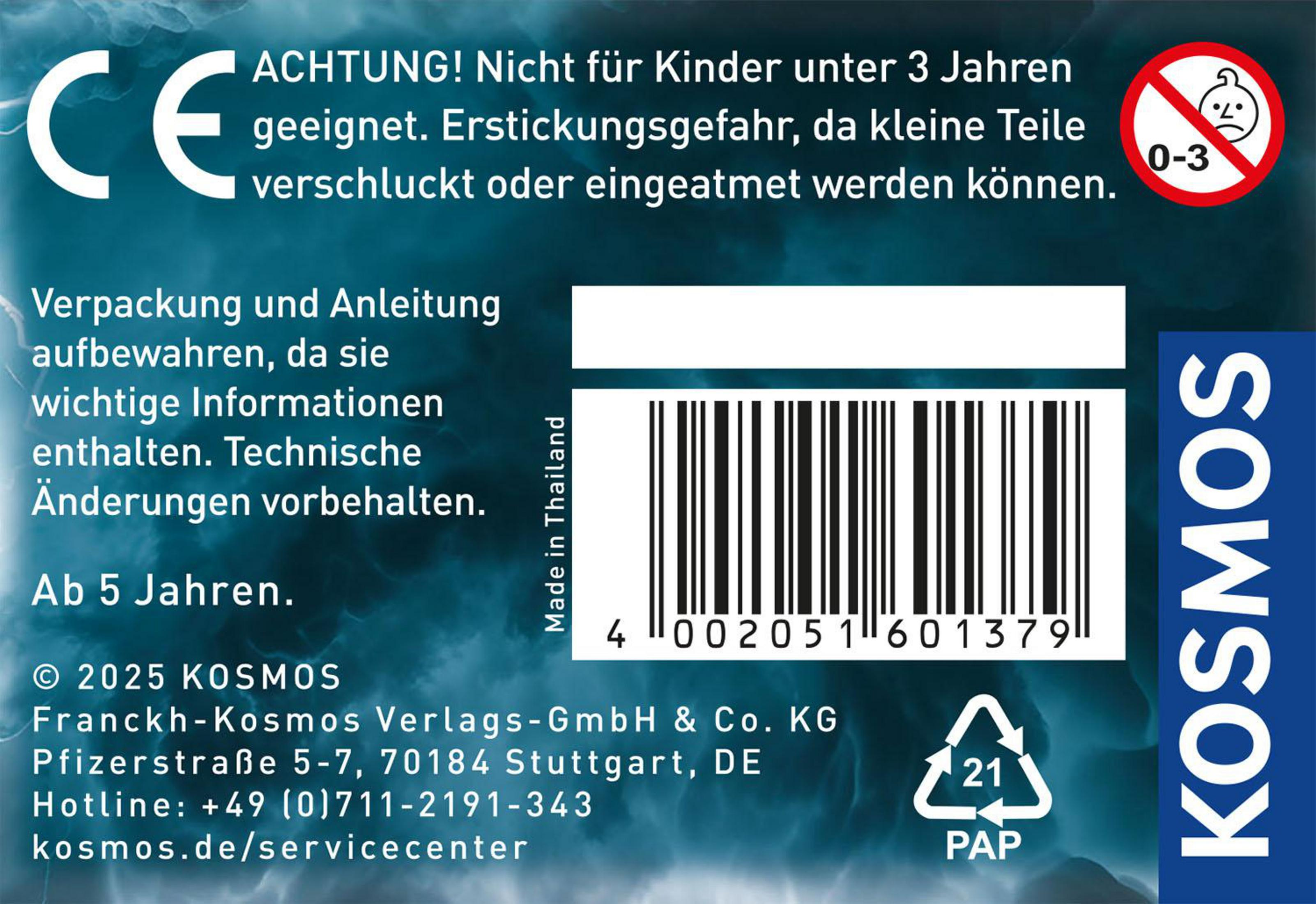 CE-Zeichen, Warnhinweis für Kinder unter 3 Jahren, Barcode und Kosmos-Logo.