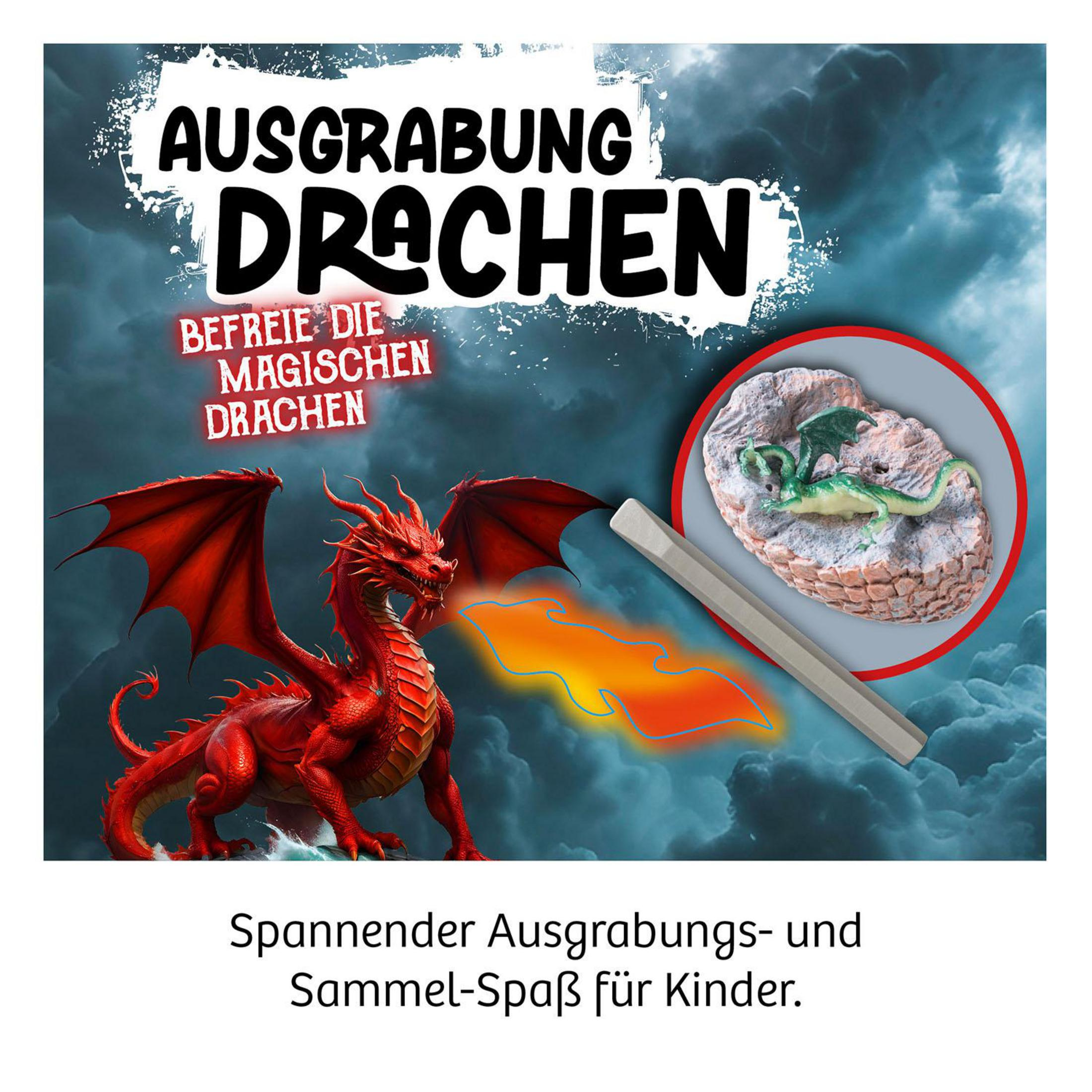 Ein roter Drache spuckt Feuer neben einer Ausgrabungsstätte mit einem grünen Drachen.