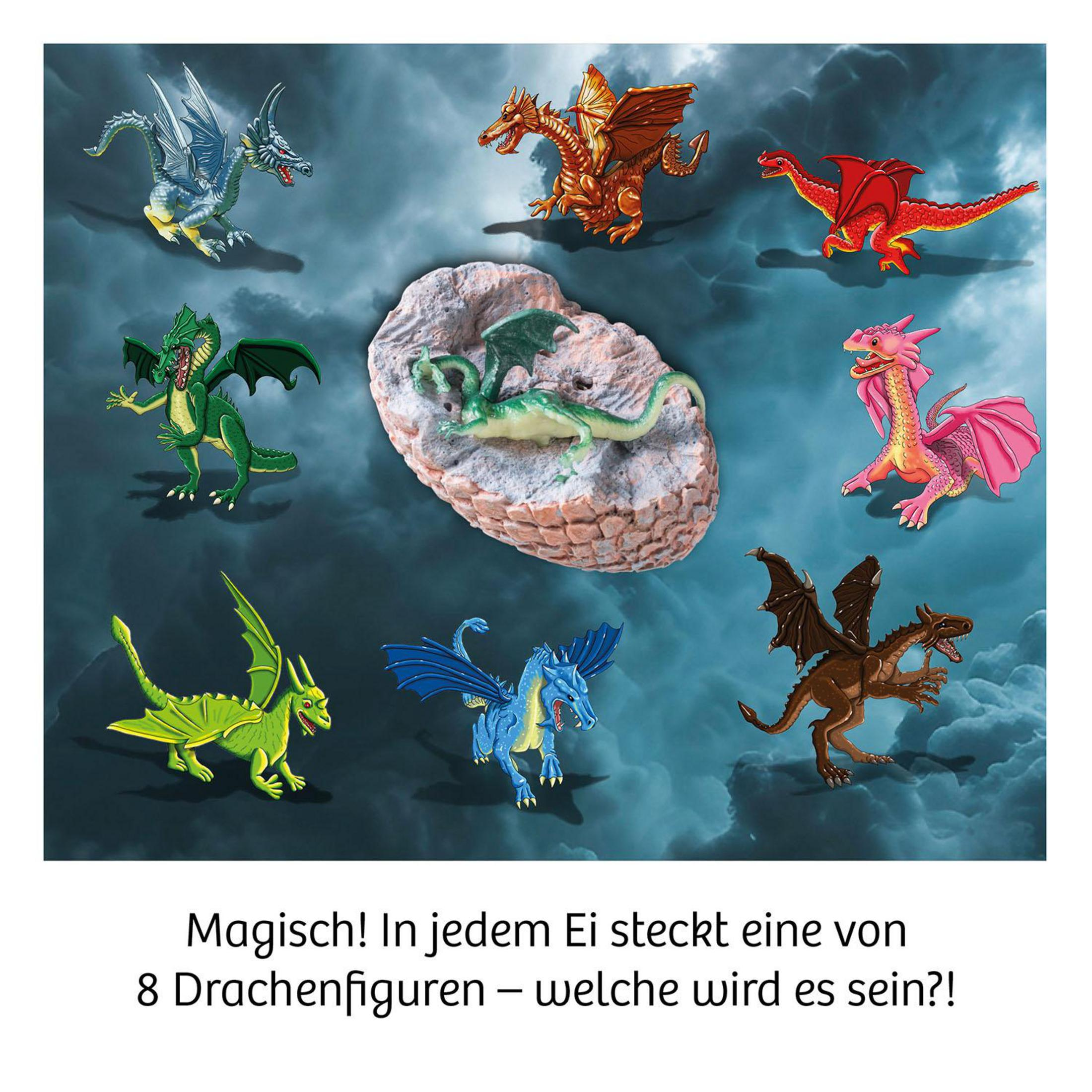 Acht bunte Drachenfiguren auf blauem Himmel, eine in der Mitte.