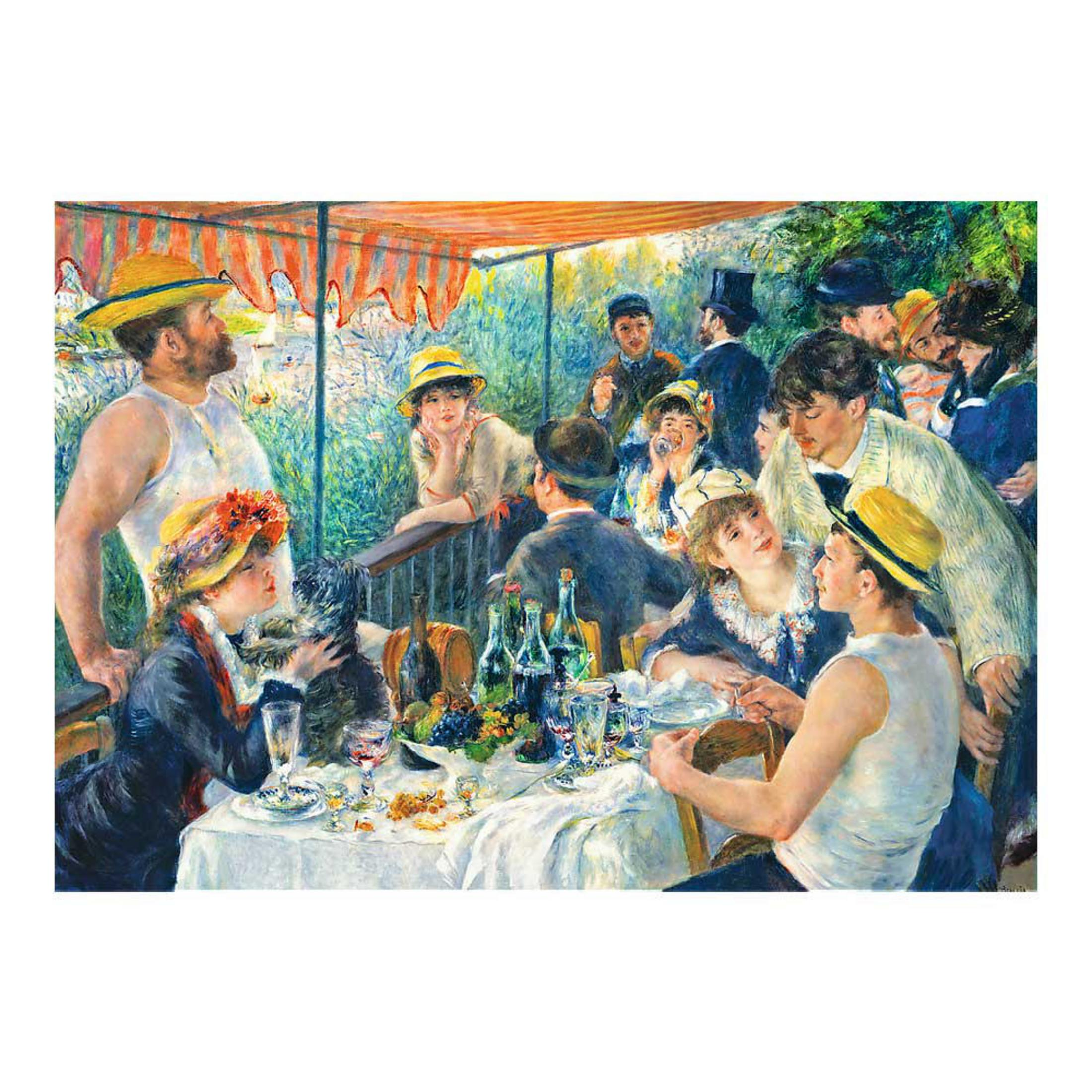 Des gens dînent sous un auvent rayé, avec des fruits et du vin sur la table.