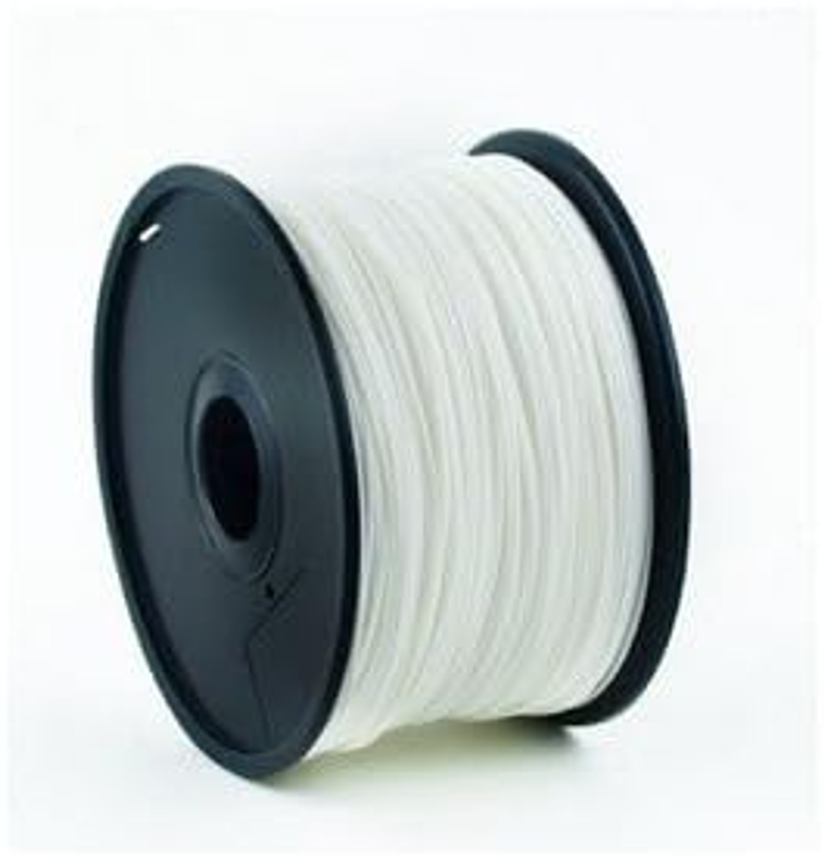 Eine Spule mit weißem Filament für einen 3D-Drucker.