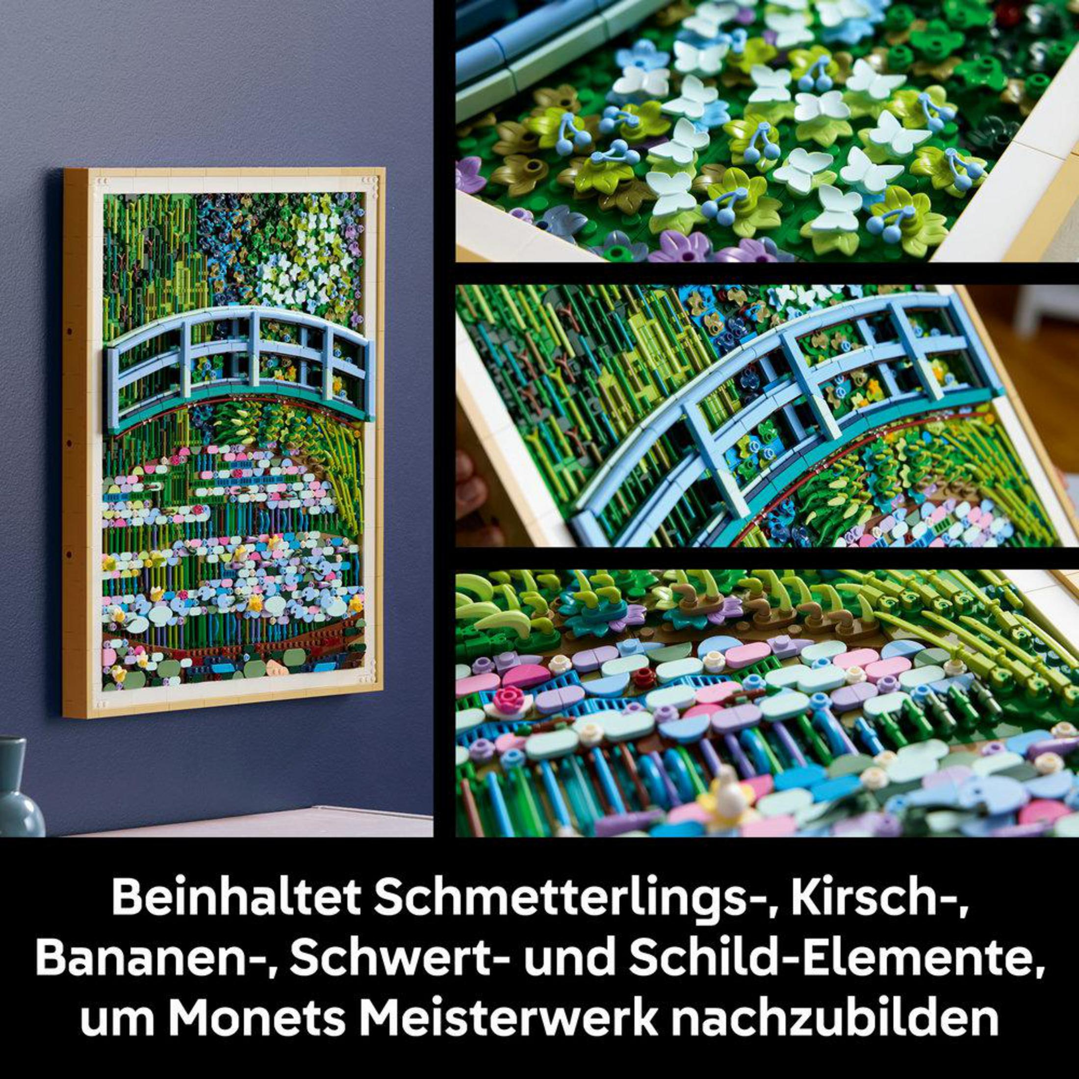 Un mosaico LEGO que representa el puente de Monet con mariposas, flores y hojas.