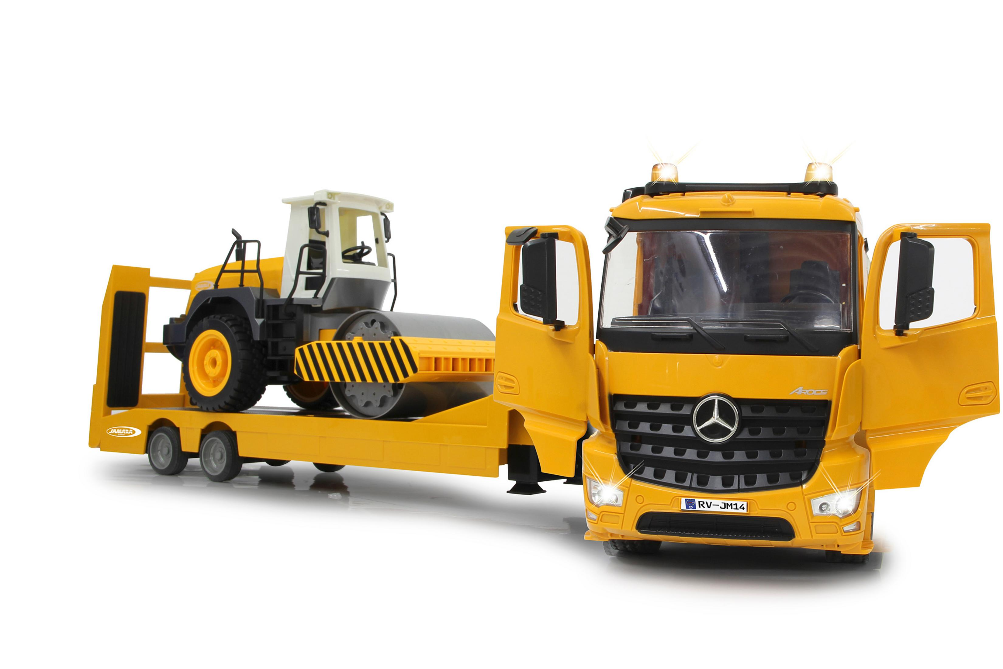 Gelber Spielzeuglastwagen mit offenen Türen und einem gelben Walzenzug.