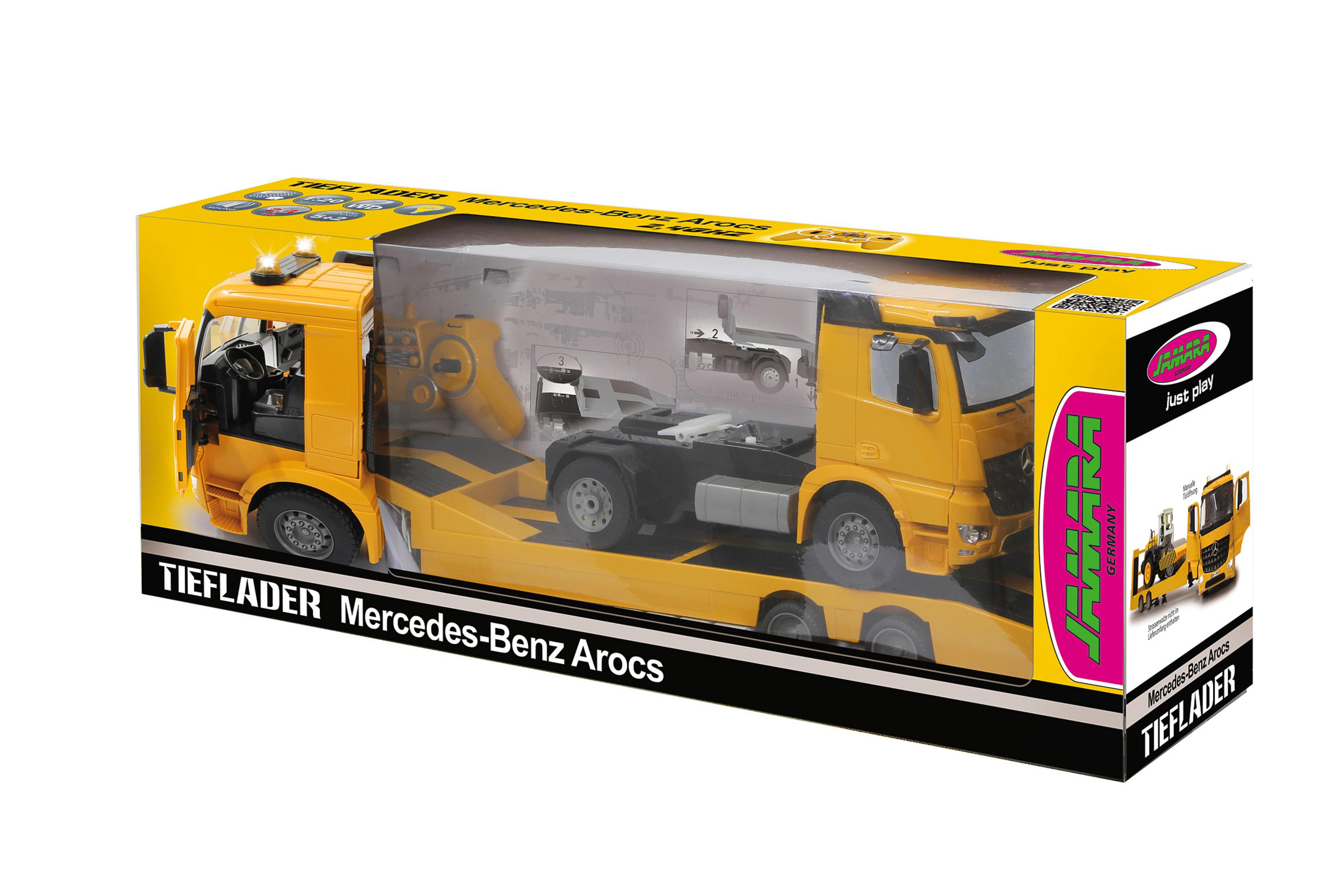 Gelber Spielzeug-Tieflader Mercedes-Benz Arocs mit Ladefläche und Fahrerhaus.