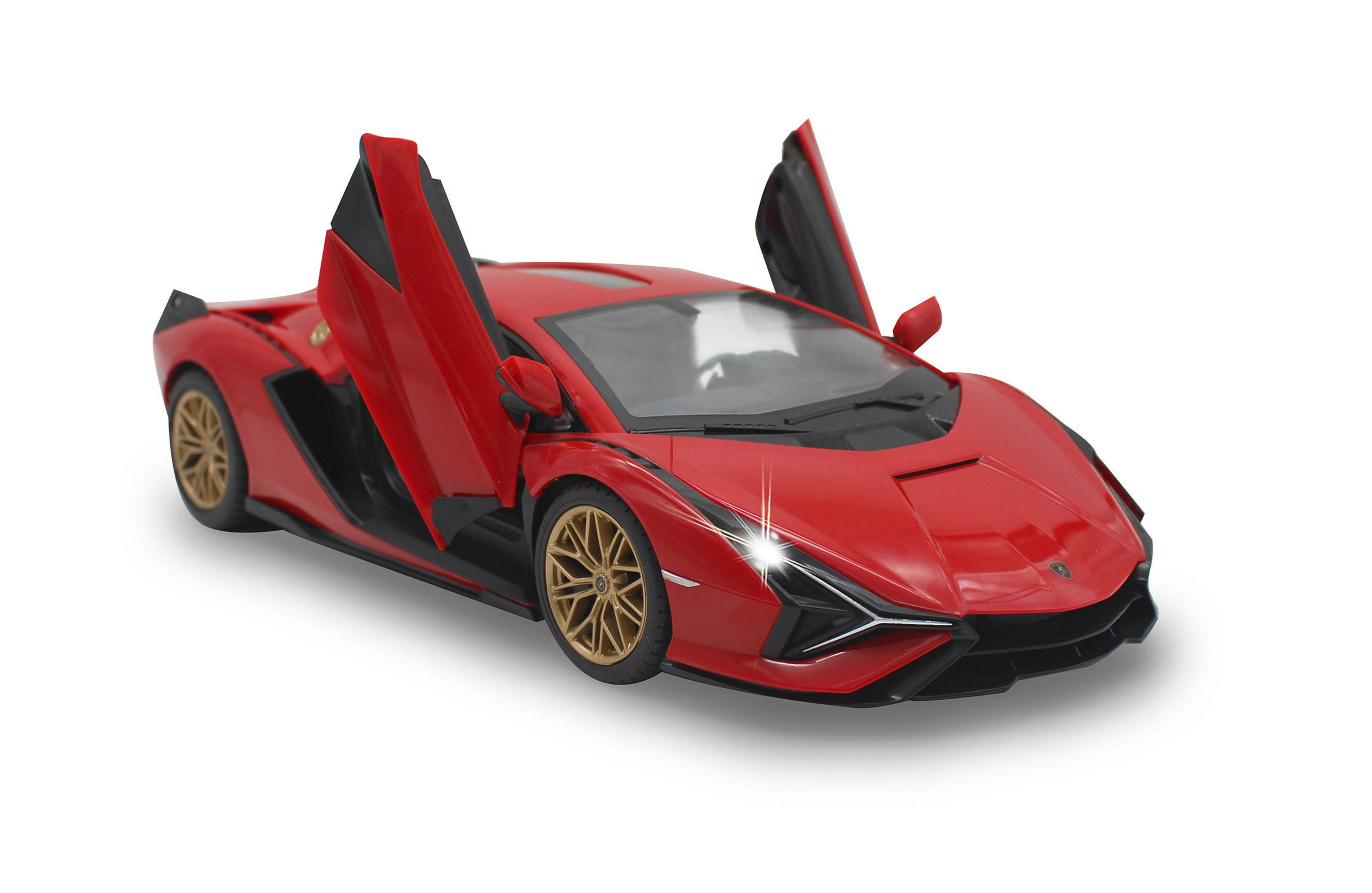 Ein rotes Spielzeugauto mit geöffneten Scherentüren und goldenen Felgen.
