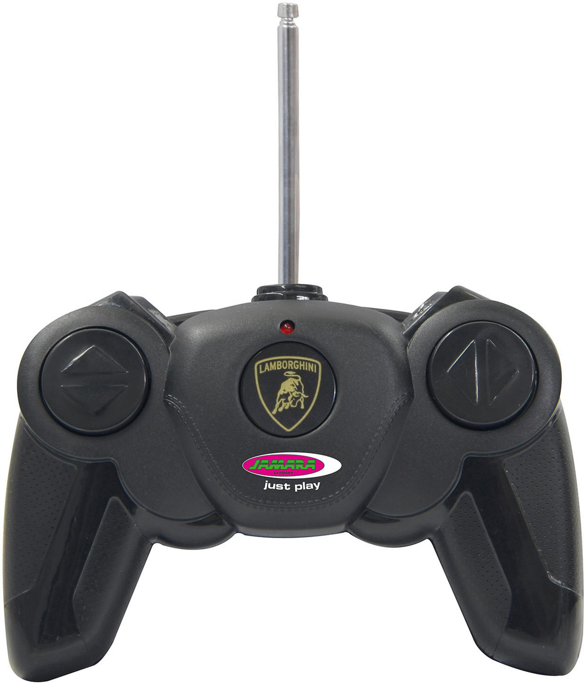 Schwarzer ferngesteuerter Controller mit Lamborghini-Logo und Antenne.