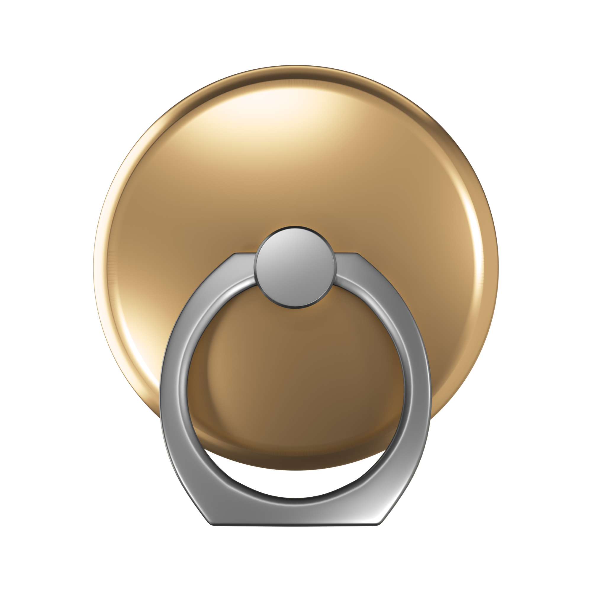 Ein goldener Handyringhalter mit silbernem Ring auf weißem Hintergrund.