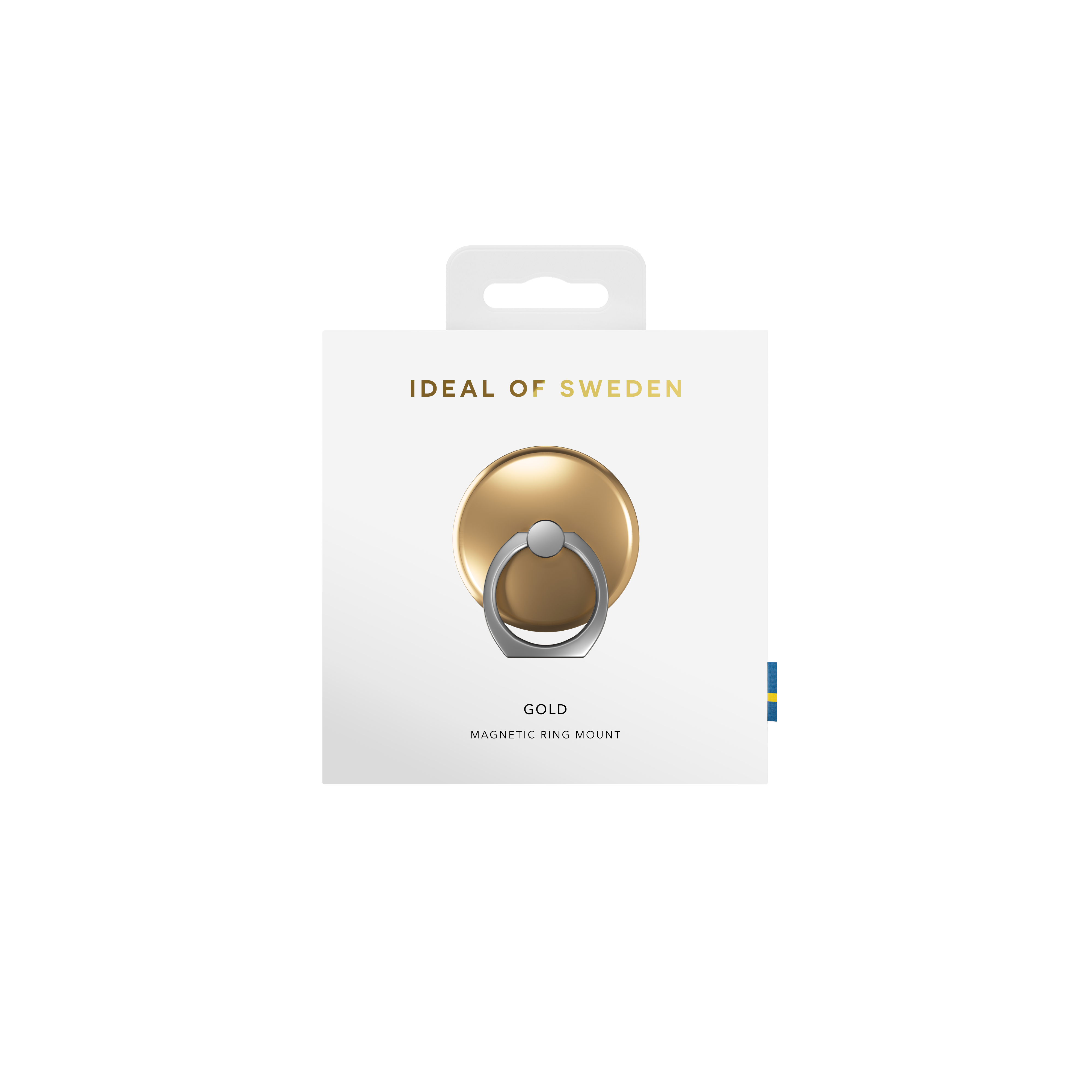 Goldener Ringhalter für Handy, auf Verpackung mit schwedischer Flagge.