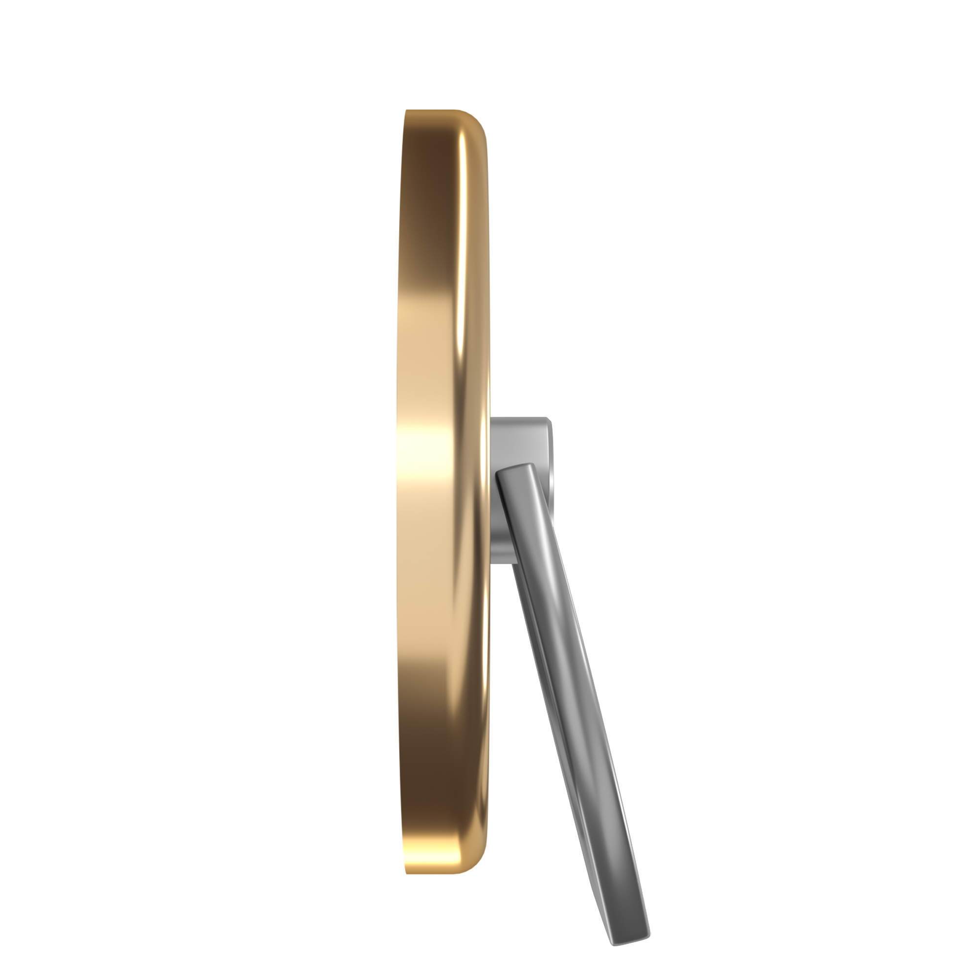 Goldene Scheibe mit silbernem Ständer, von der Seite gesehen.