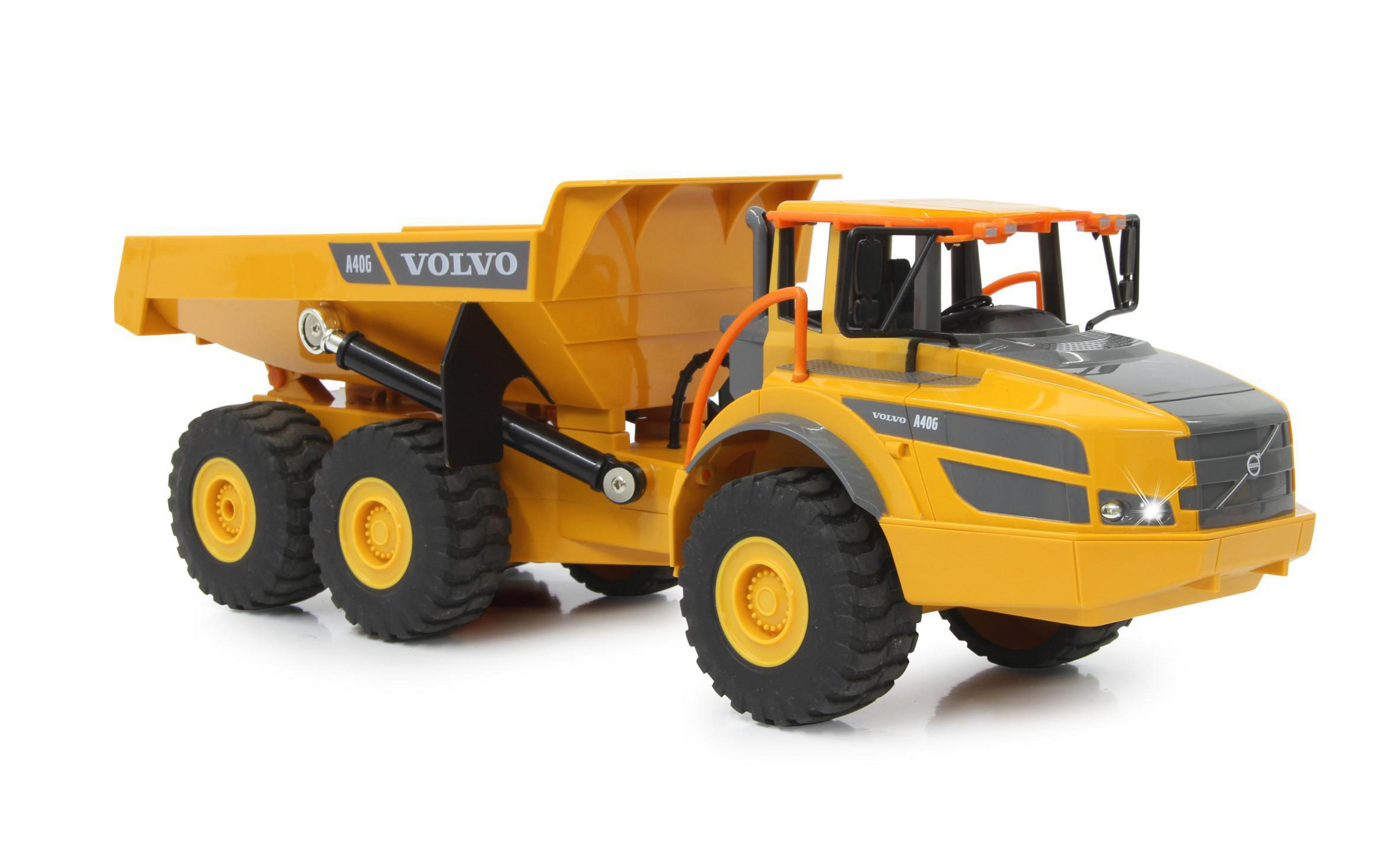 Un camión volquete articulado Volvo A40G amarillo con ruedas y llantas negras sobre fondo blanco.