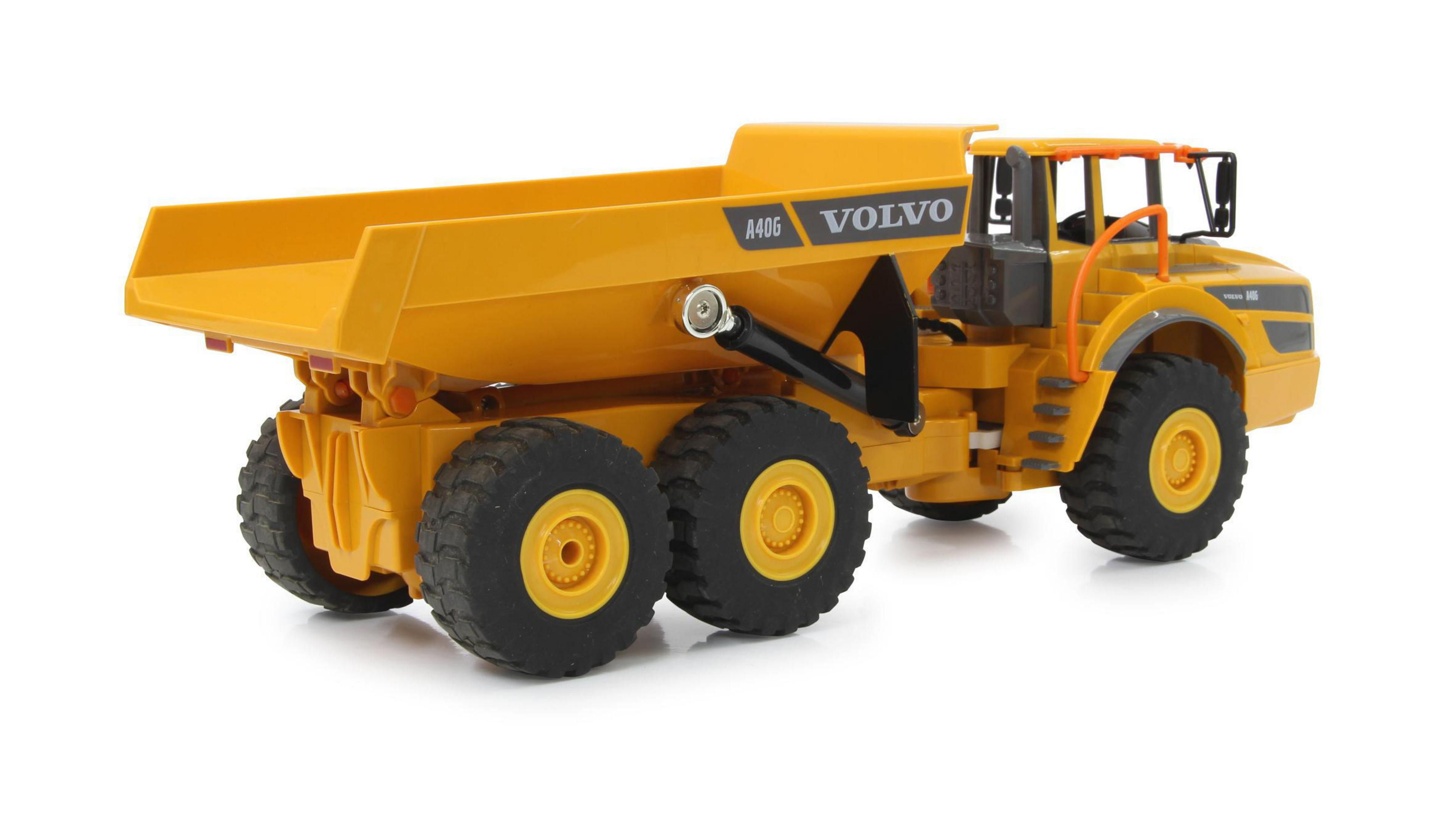 Camión volquete Volvo A40G amarillo con neumáticos negros y llantas amarillas.