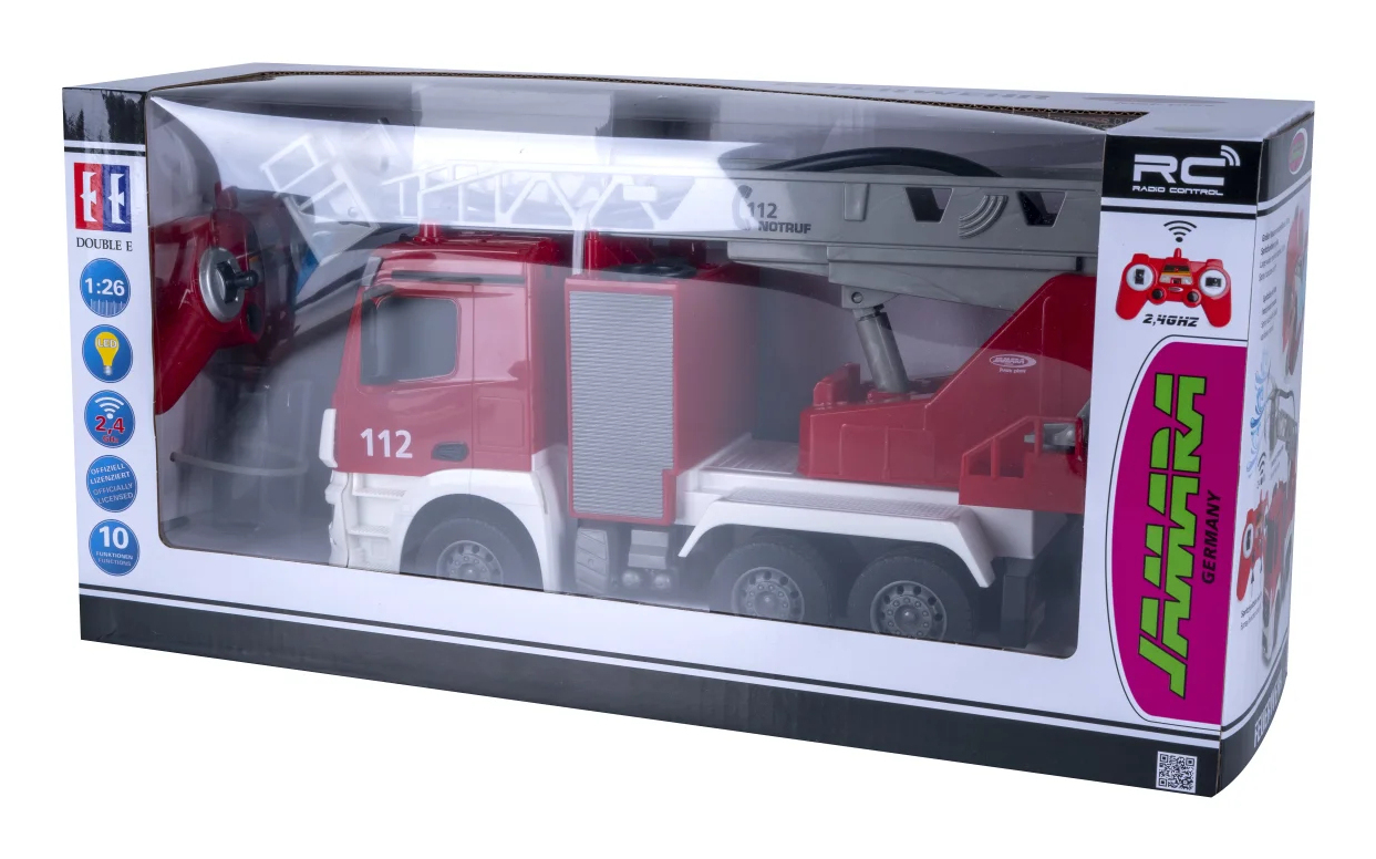 Verpacktes ferngesteuertes Feuerwehrauto mit Leiter, rot und weiß, Maßstab 1:26.