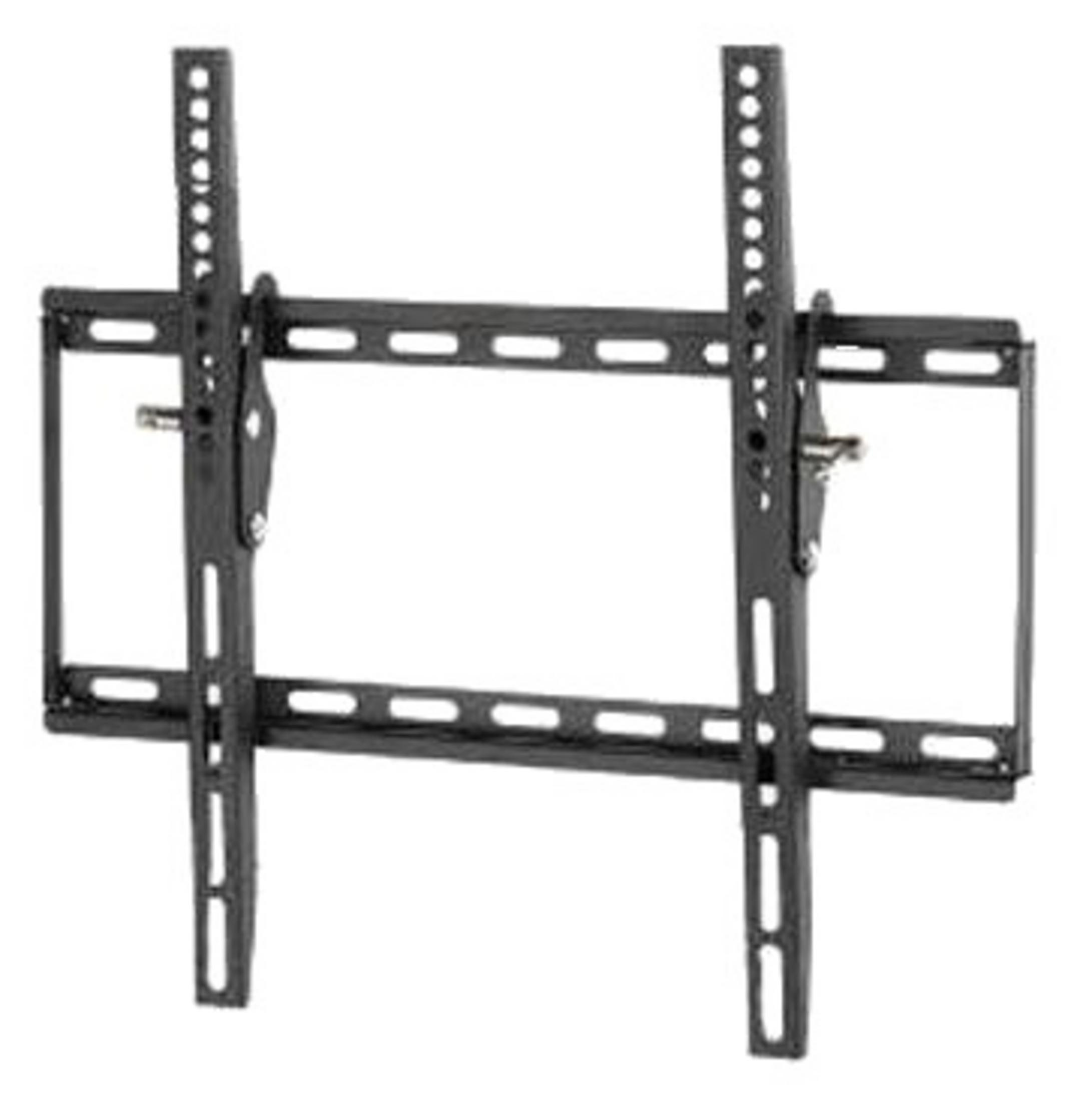 Soporte de pared para TV negro con brazos ajustables y orificios de montaje.