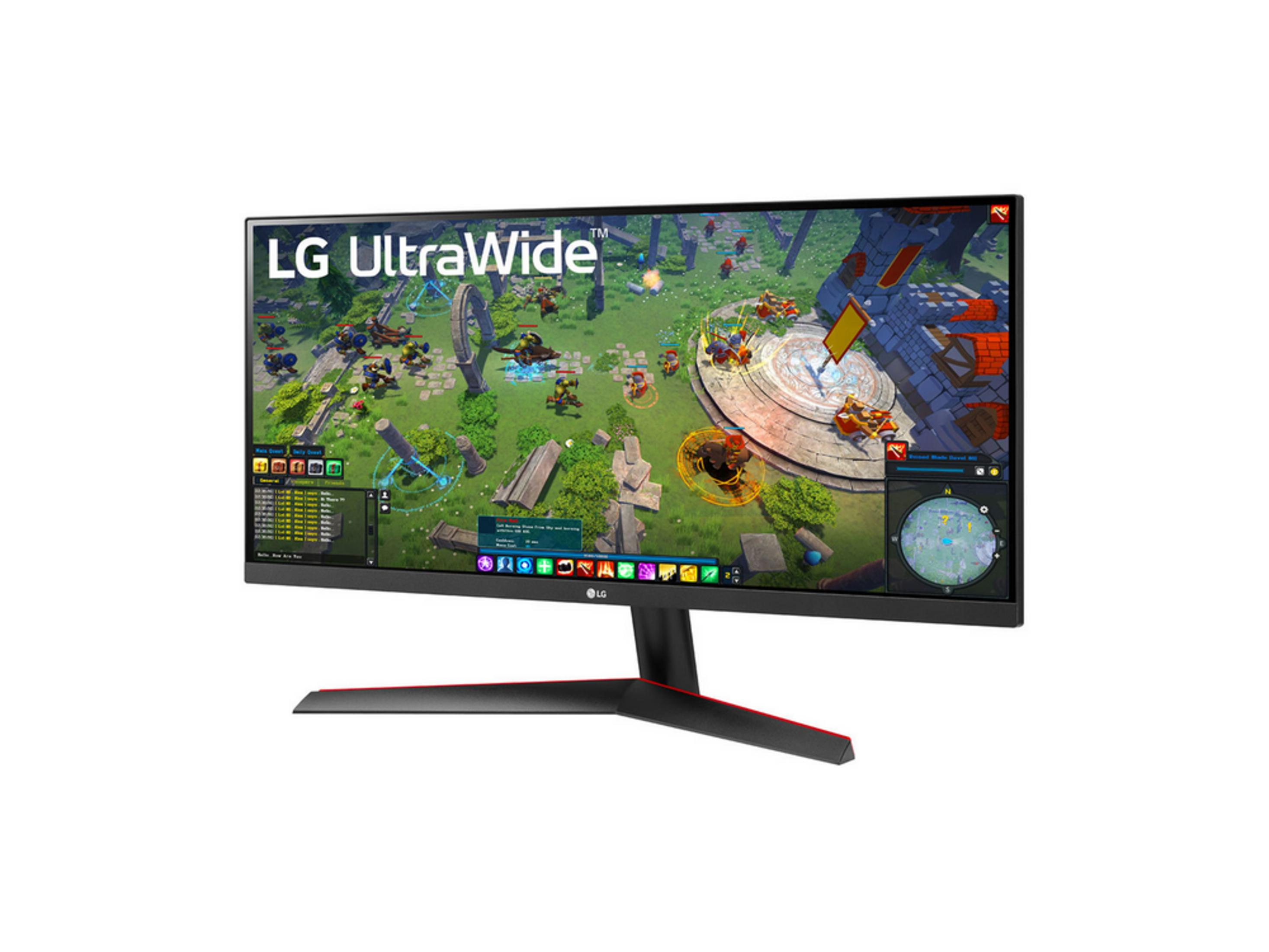 Un monitor LG UltraWide mostra un gioco di strategia in tempo reale con soldati e un castello.