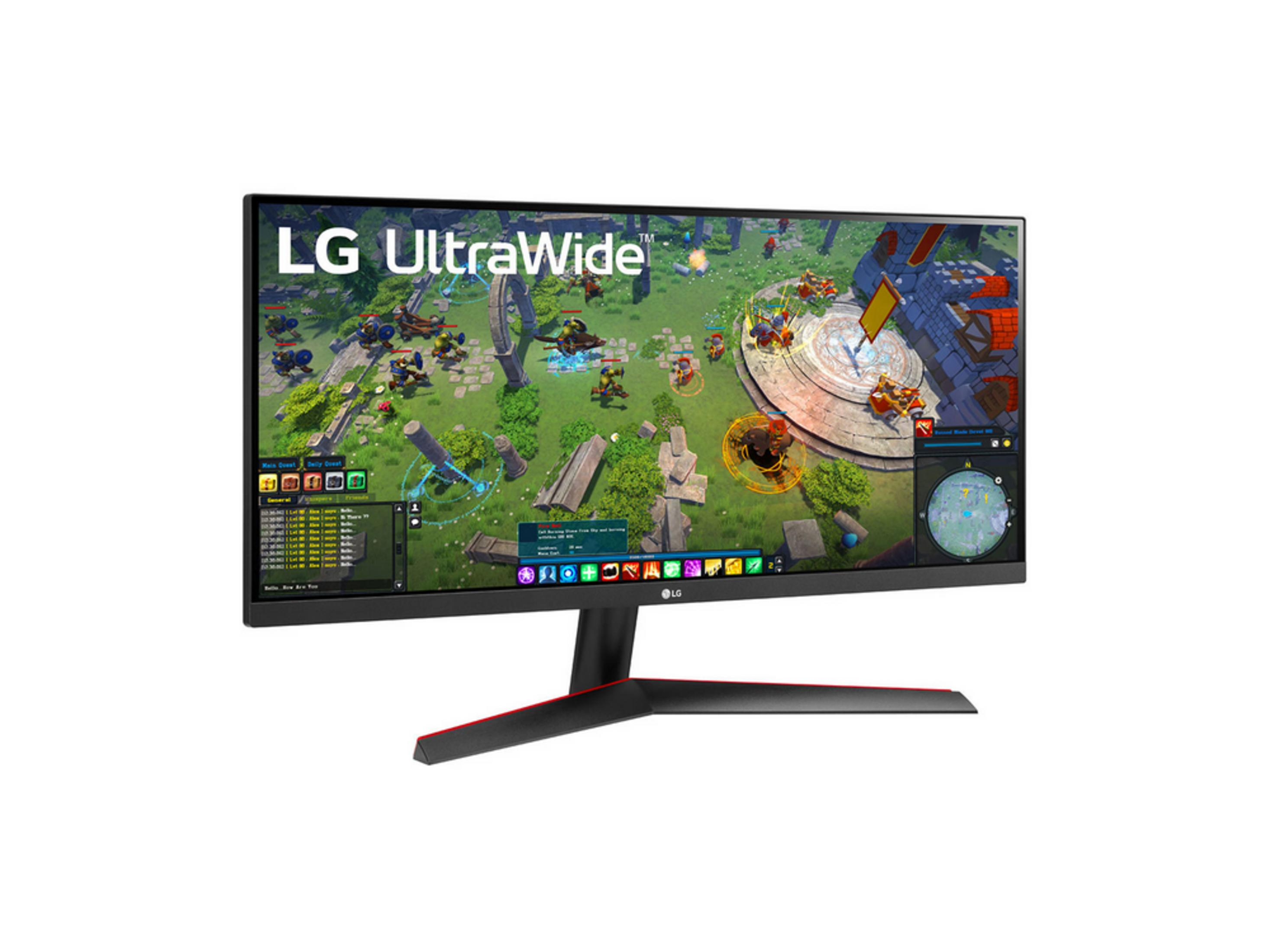 Monitor LG UltraWide che visualizza un gioco di strategia con molte piccole figure ed edifici.
