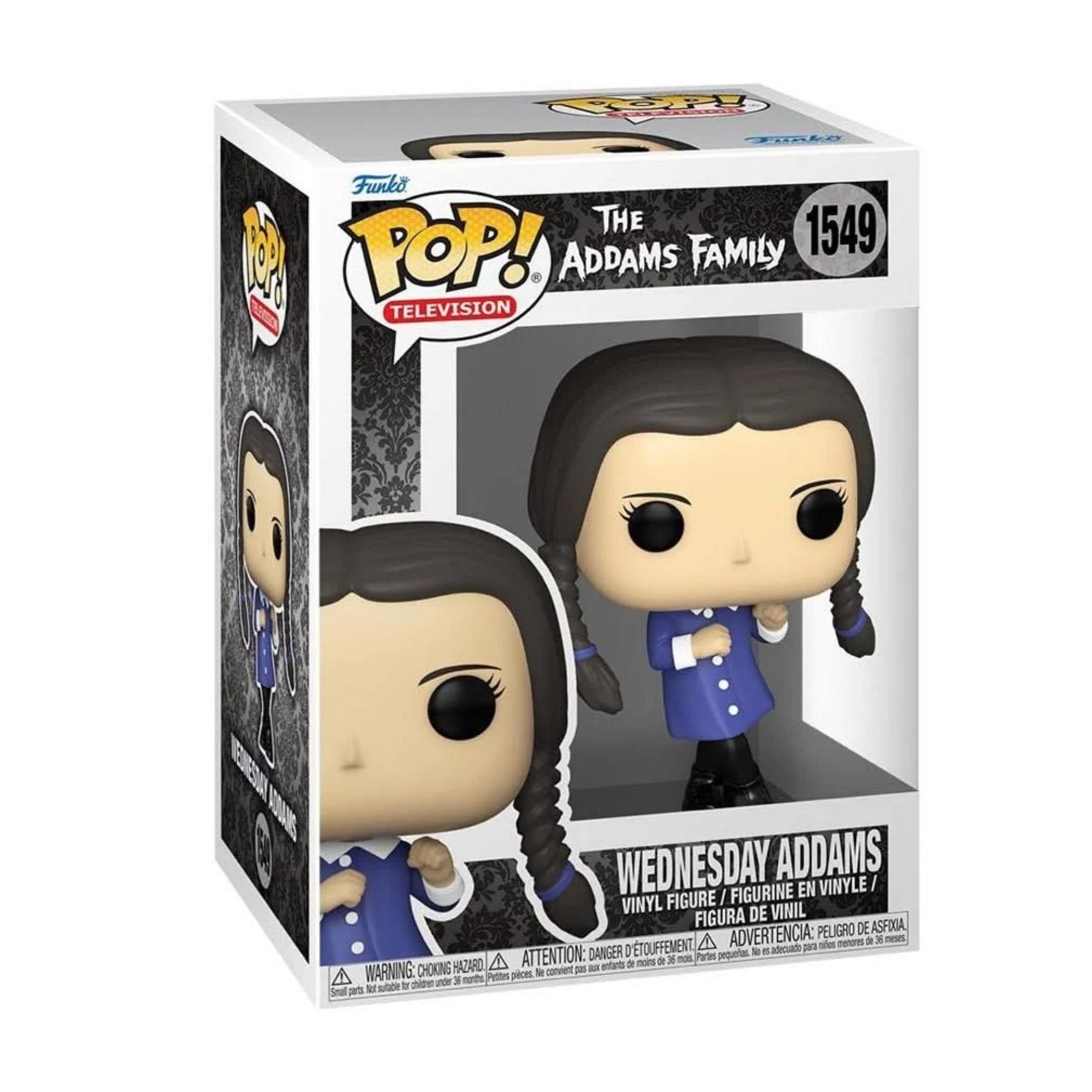 Action figure in vinile Funko Pop! di Mercoledì Addams in scatola, dalla serie TV La Famiglia Addams.