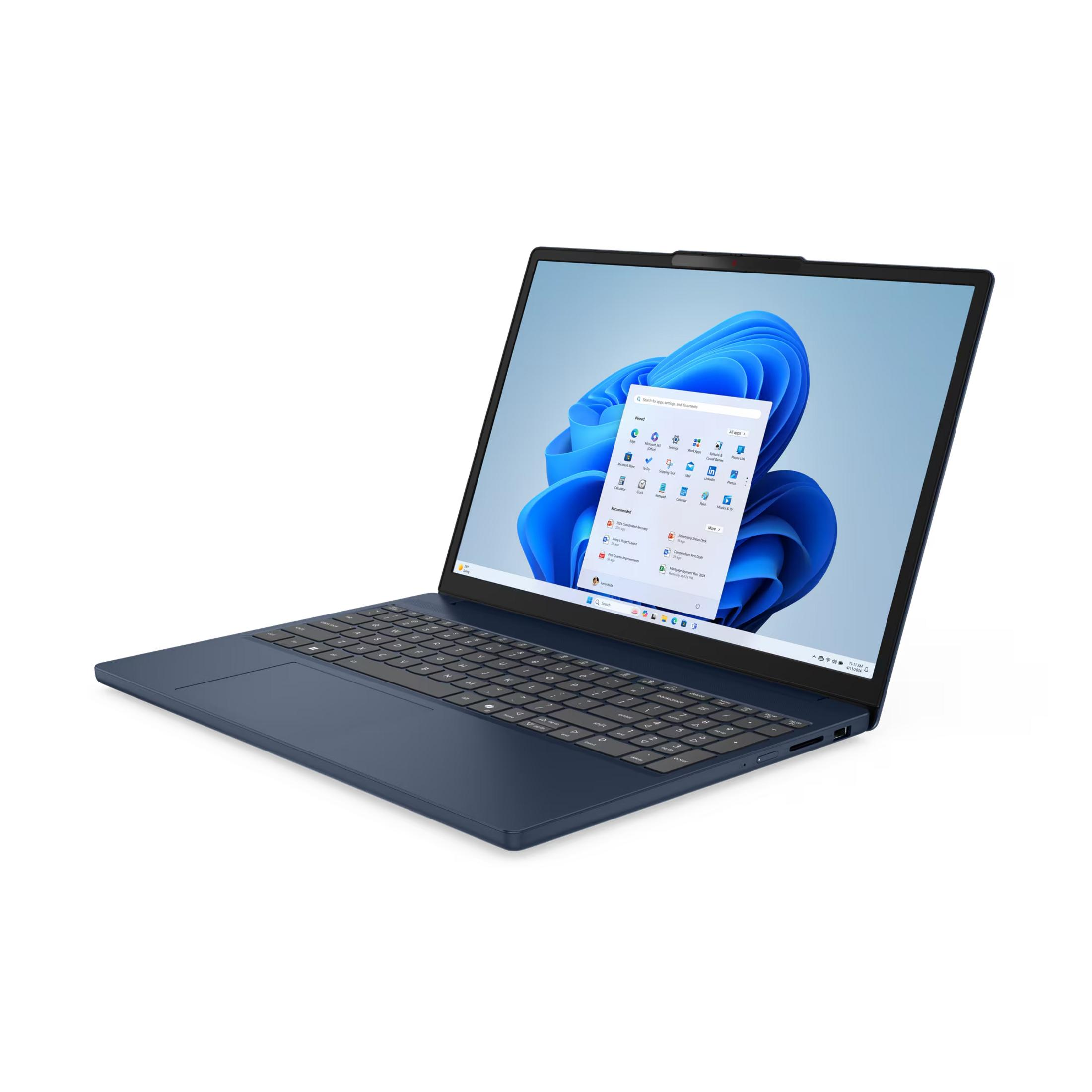 Un portátil azul oscuro con la pantalla abierta, mostrando Windows 11.