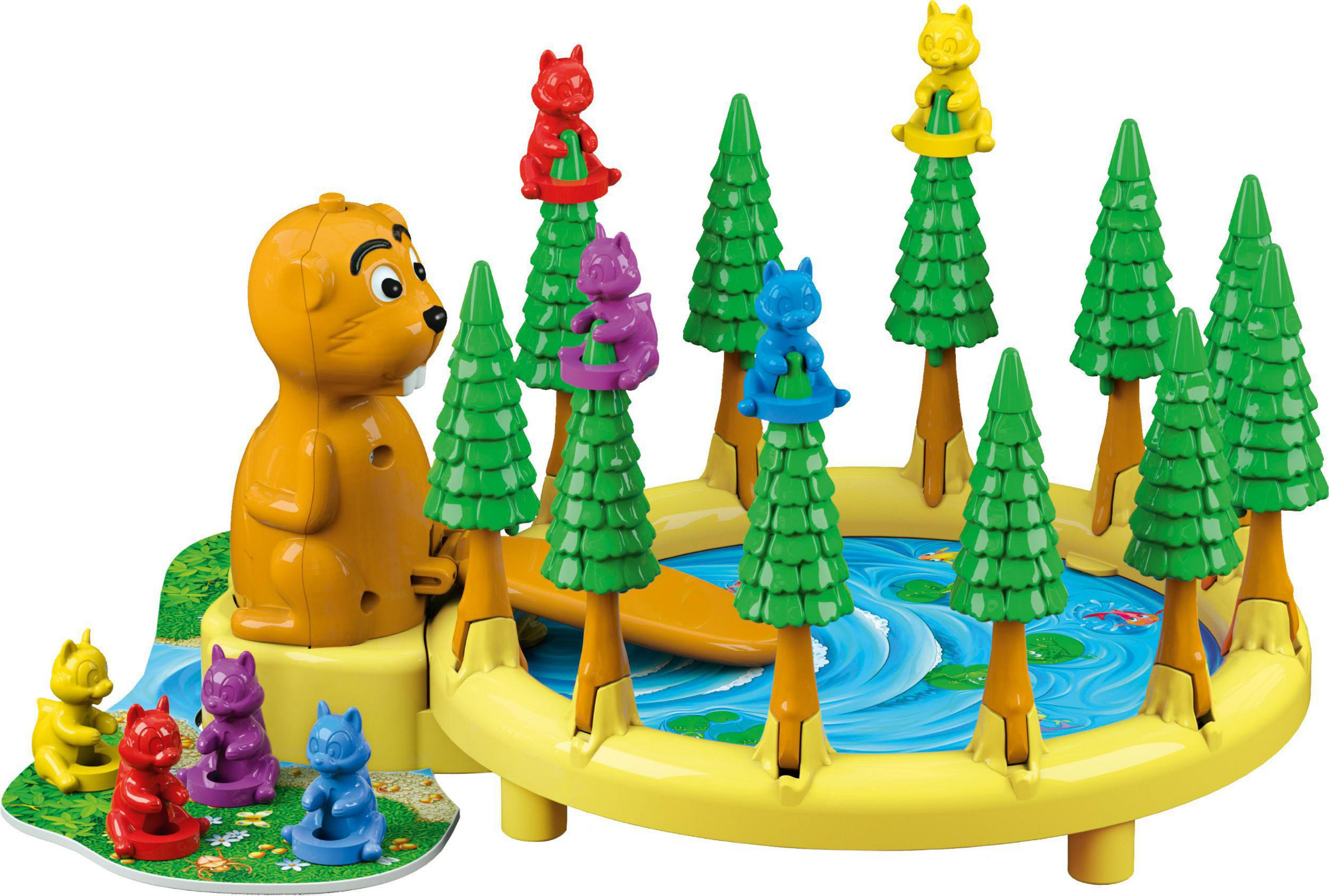 Ein gelber Biber sitzt neben einem Teich mit Bäumen und Eichhörnchen-Figuren.