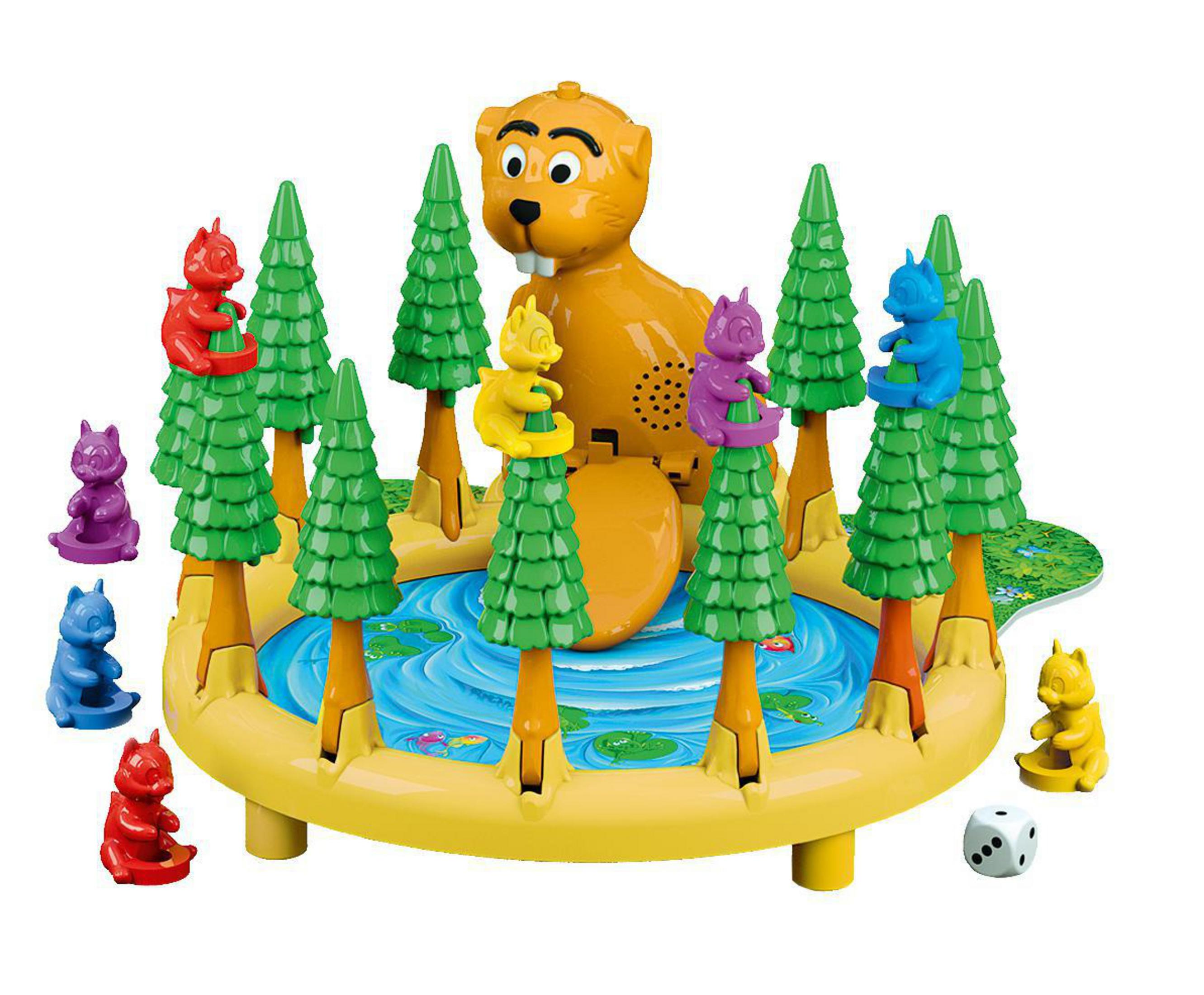 Ein Spielbrett mit einem Bären, Bäumen, Eichhörnchen und einem Teich.