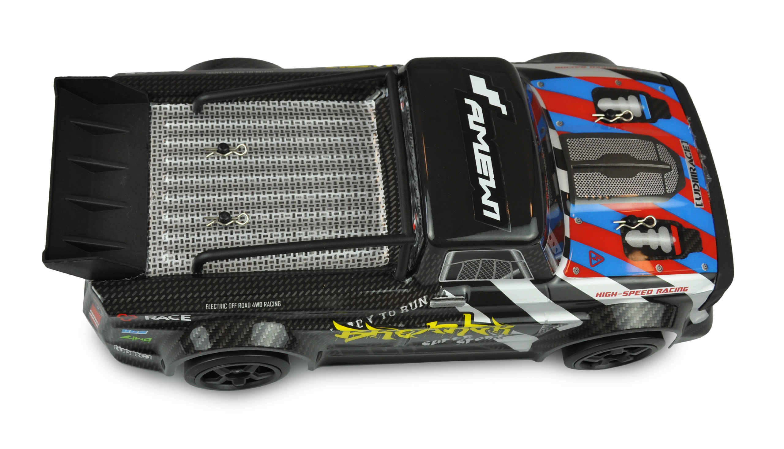 Ein schwarzer RC-Truck mit roten, blauen und weißen Streifen.