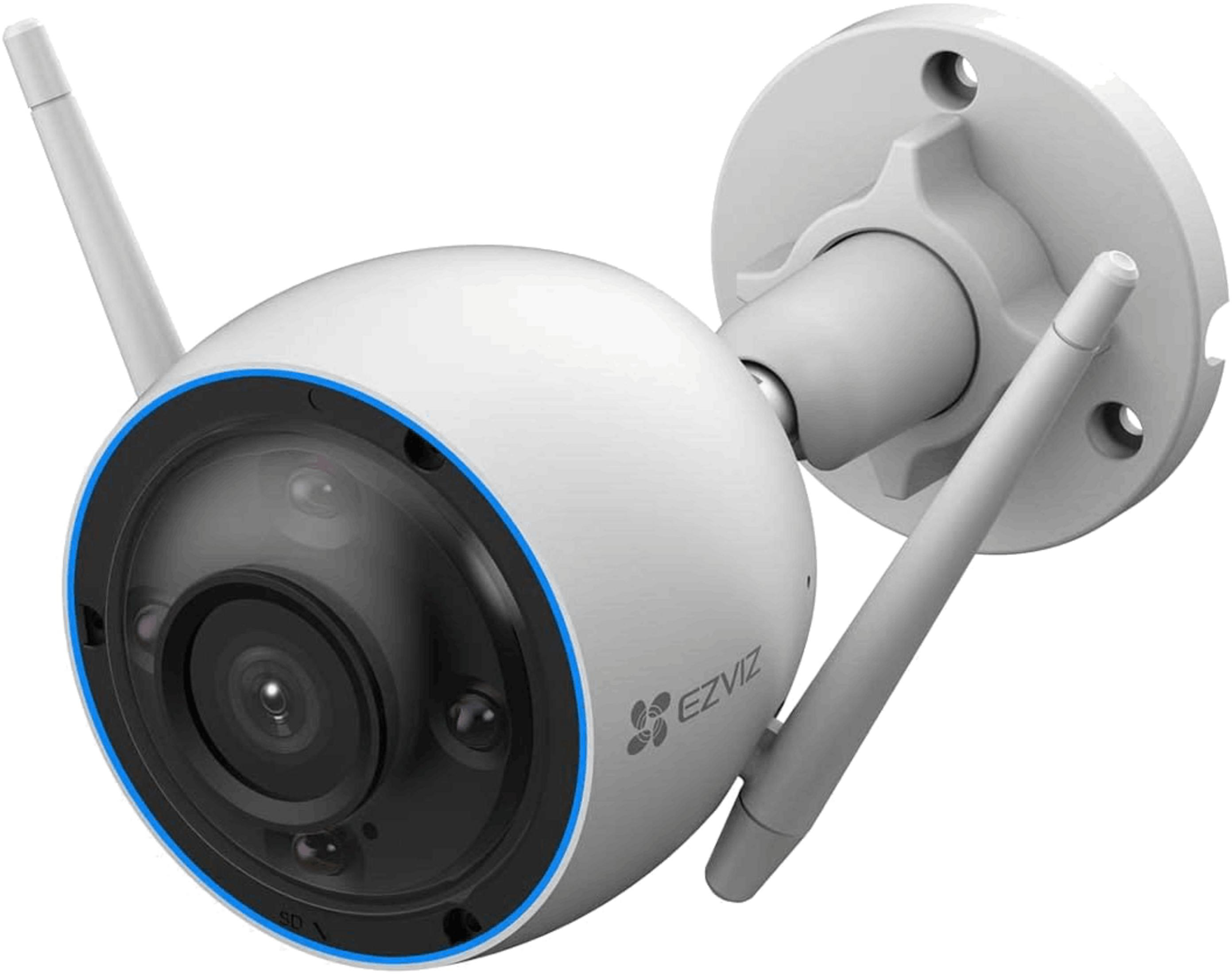 Telecamera di sicurezza bianca con antenne e anello blu attorno all'obiettivo.