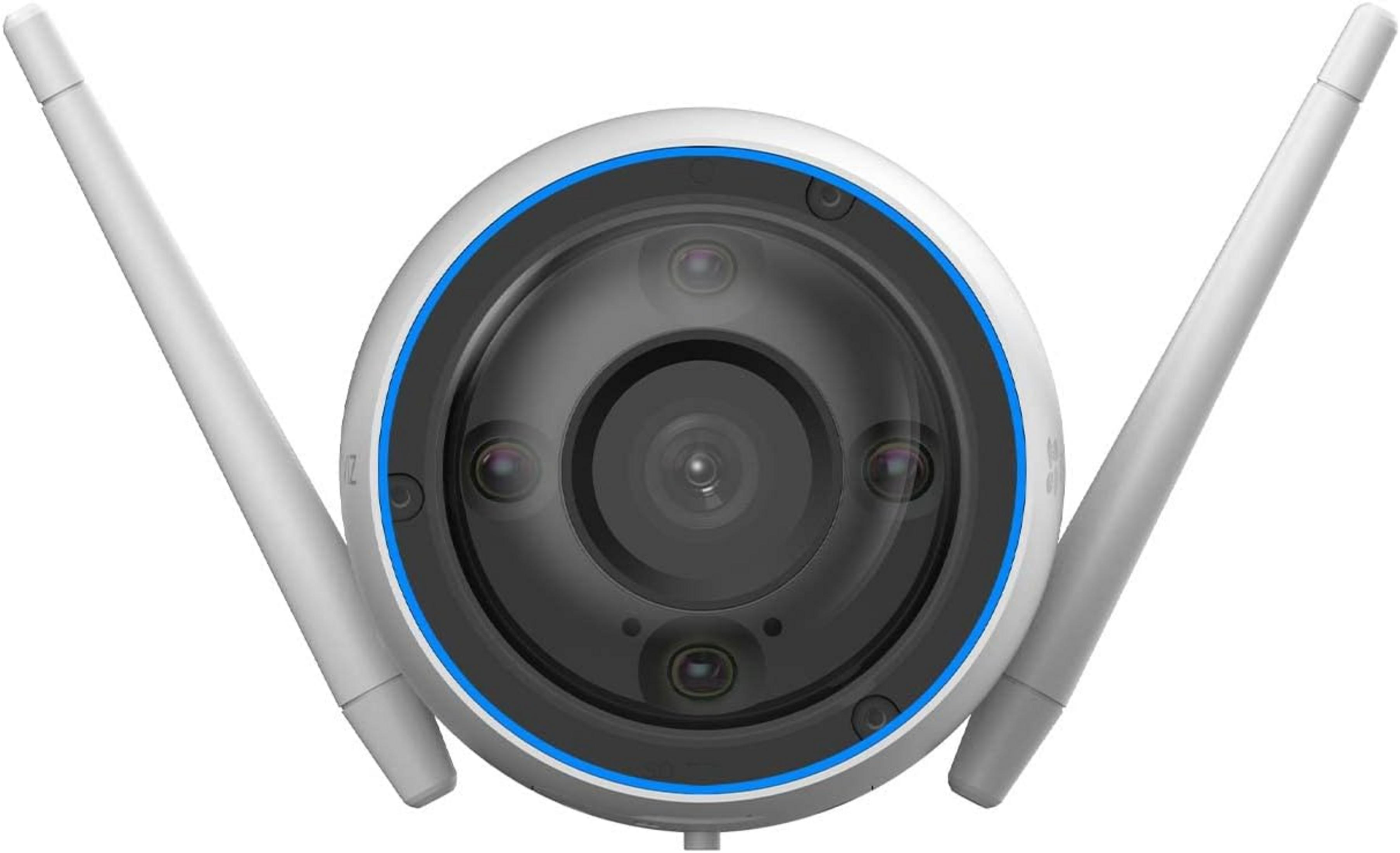 Telecamera di sicurezza bianca con due antenne e bordo blu.