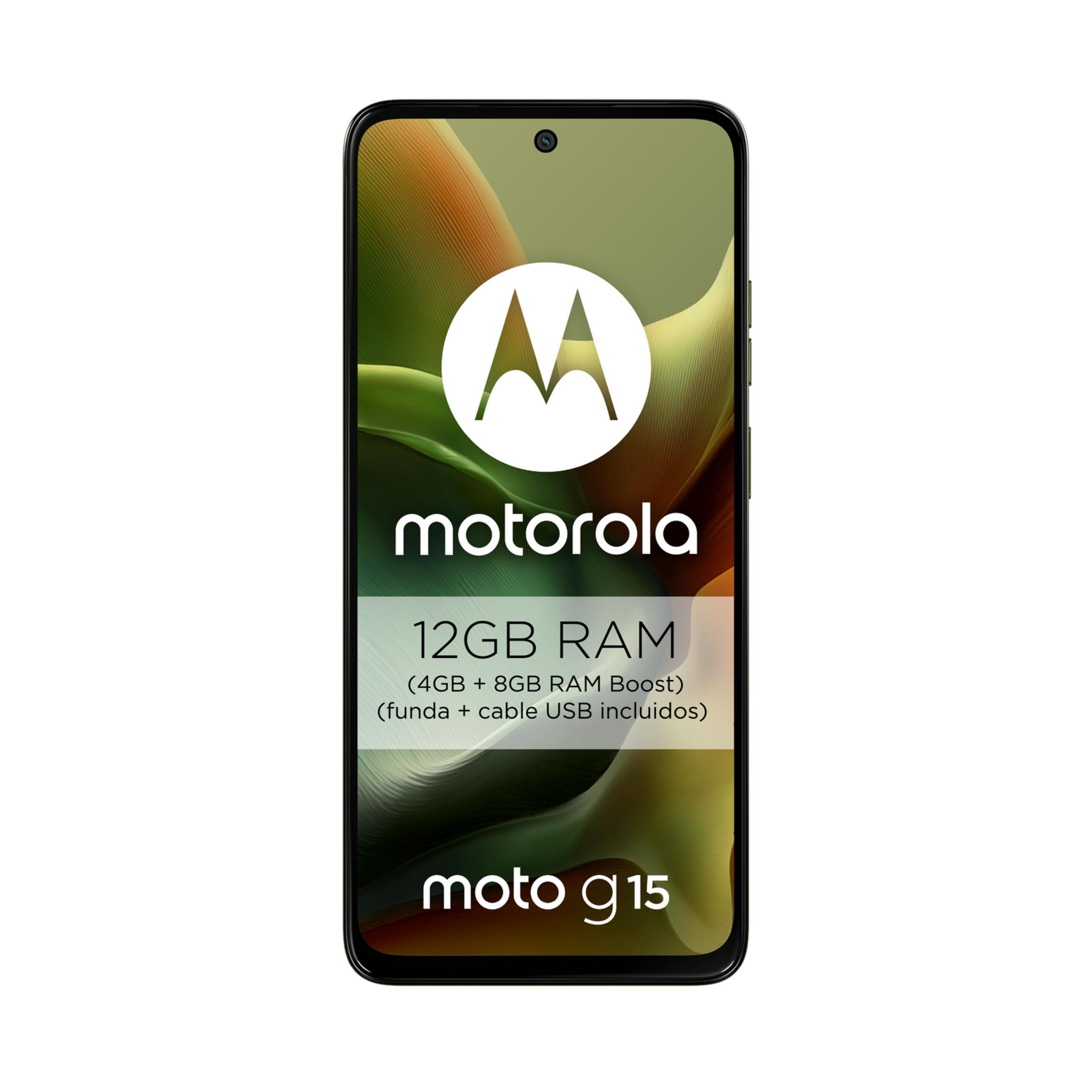 Smartphone Motorola Moto G 15 con 12 GB de RAM y gráfico de fondo colorido.