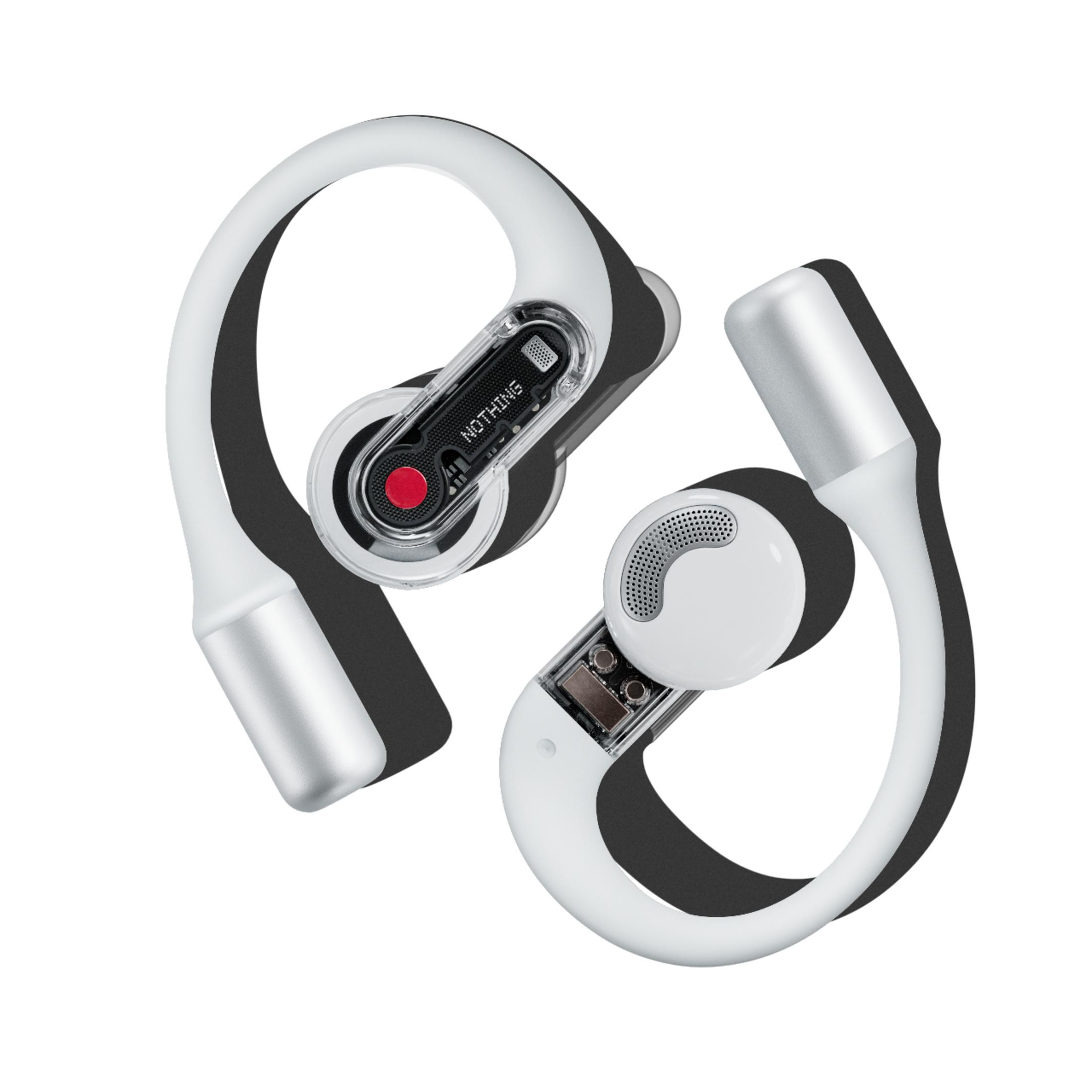 Due auricolari bianchi con accenti argentati e dettagli trasparenti su sfondo bianco.