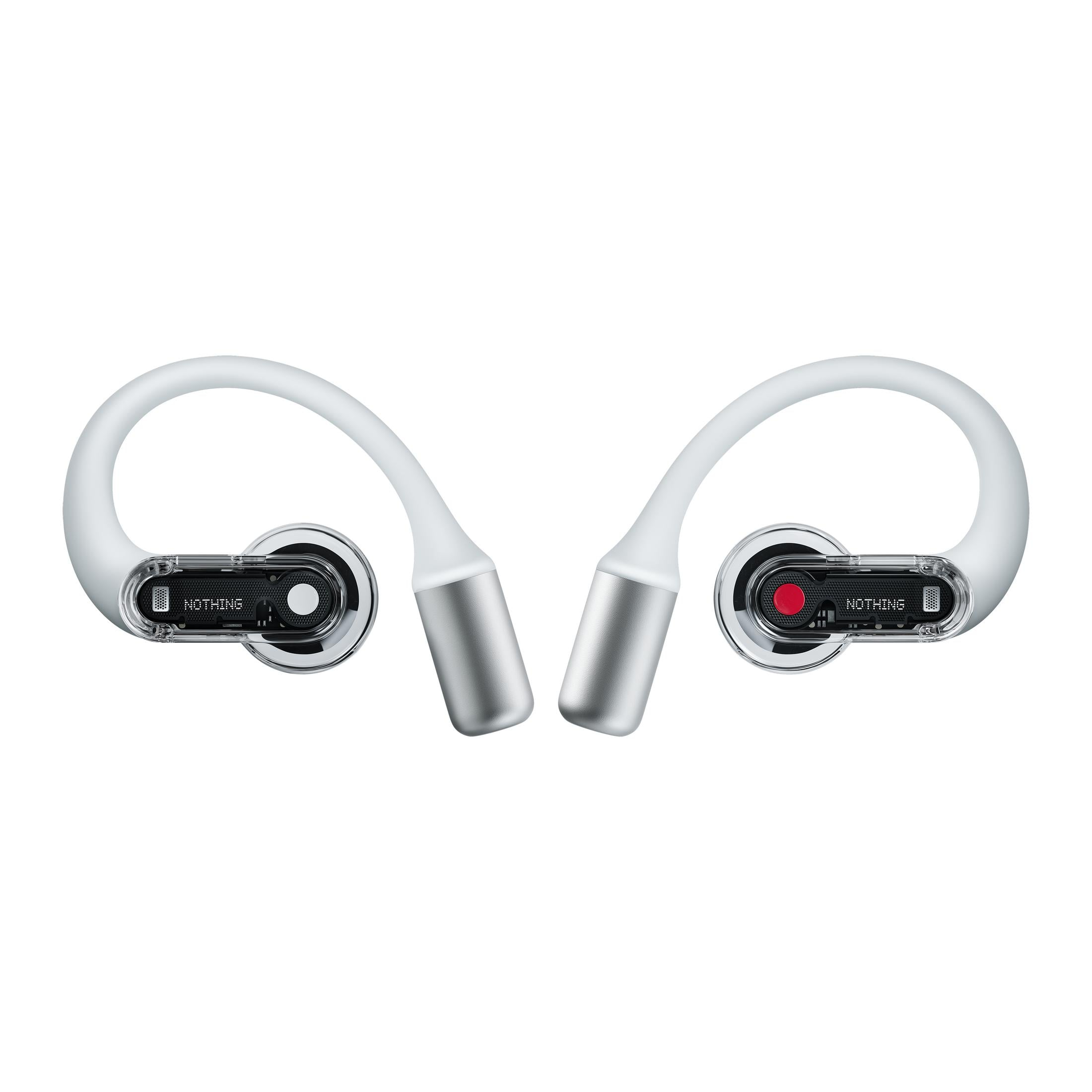 Due auricolari bianchi con accenti argentati su sfondo bianco.
