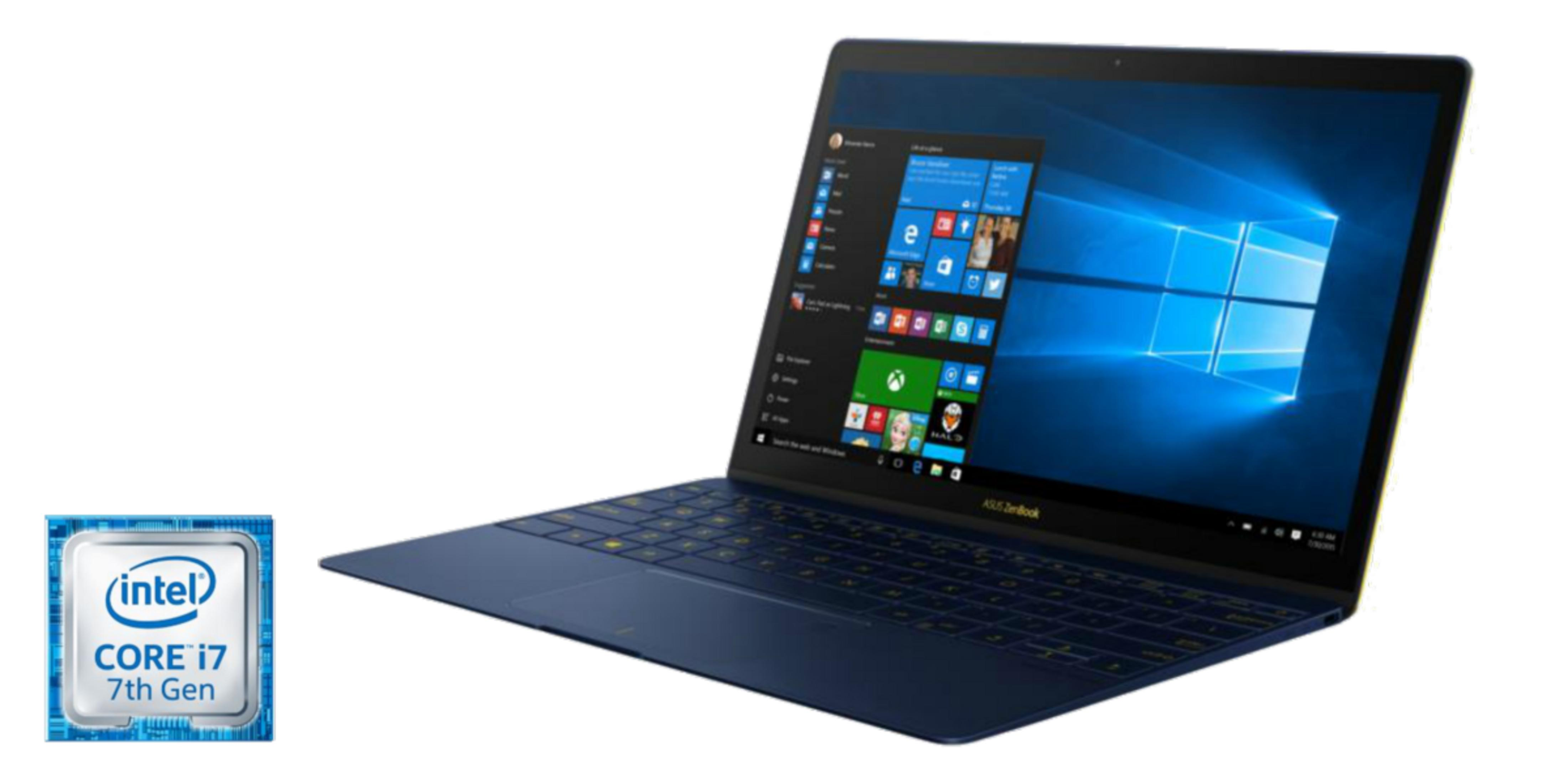 Un portátil Asus Zenbook azul abierto con pegatina Intel Core i7 7ª Gen.