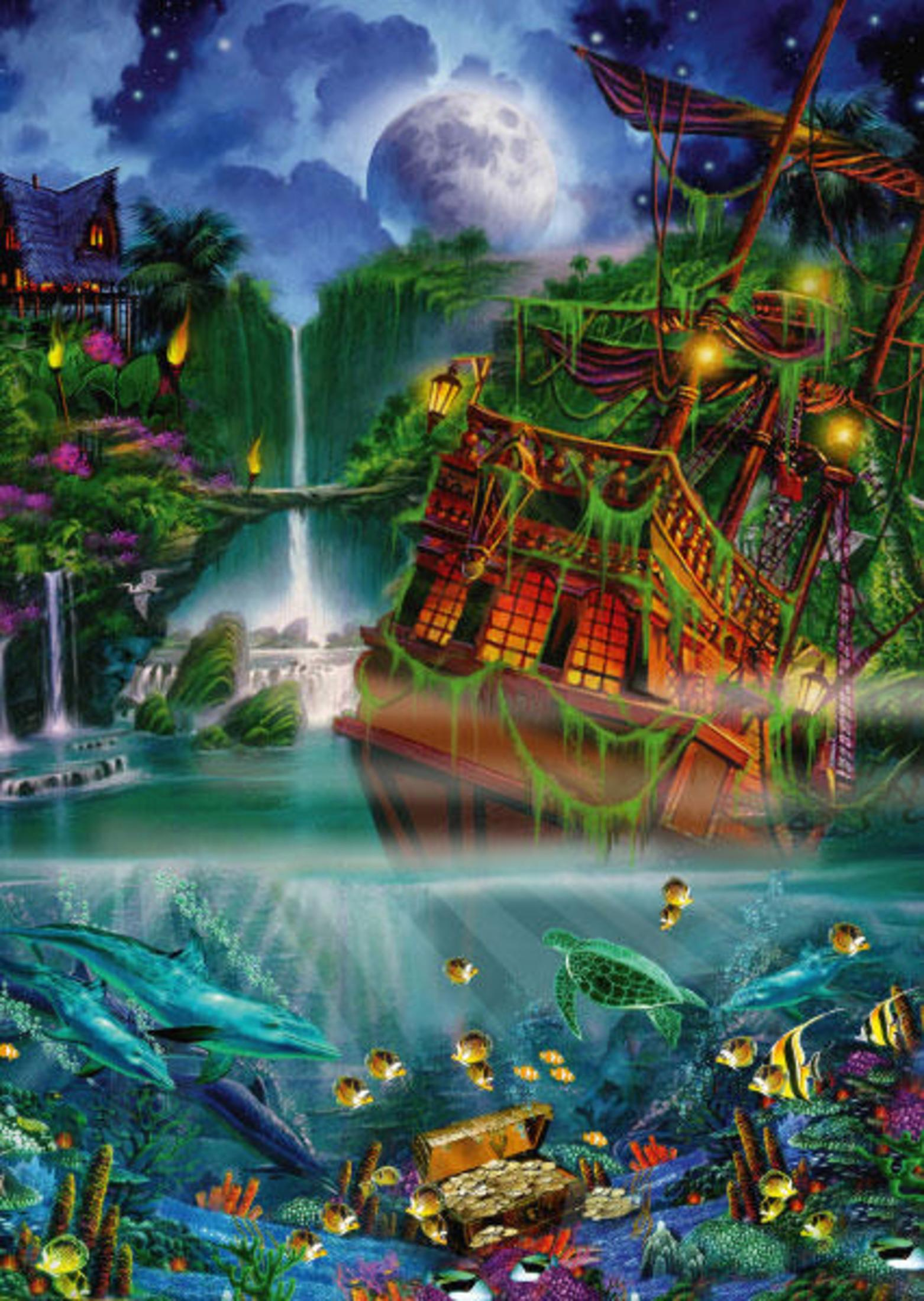 Ein Piratenschiff ankert in einer tropischen Lagune mit Wasserfällen. Unter Wasser sind Delfine, Schildkröten und ein Schatz zu sehen.