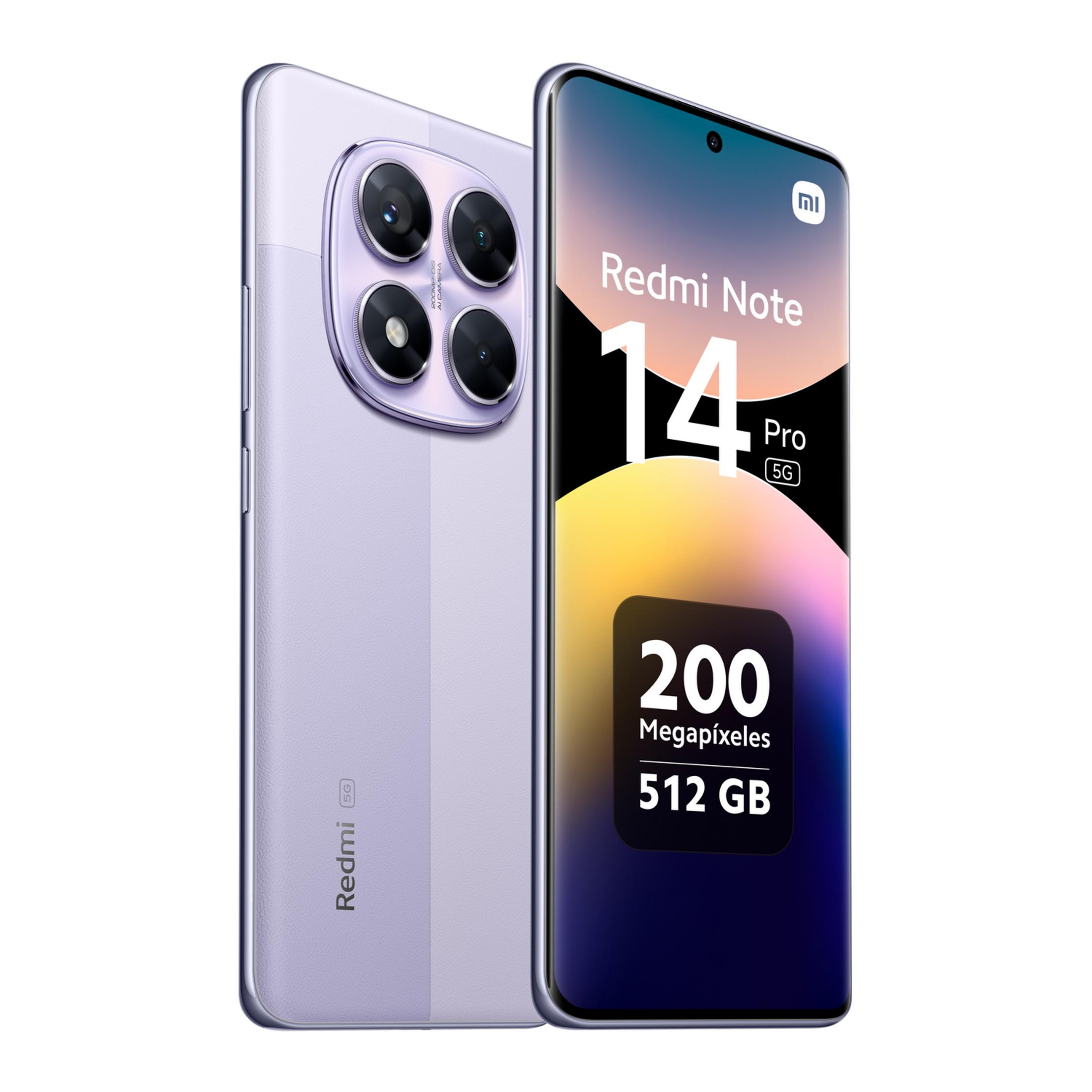 Uno smartphone viola mostra "Redmi Note 14 Pro 5G" con 200 MP, 512 GB.
