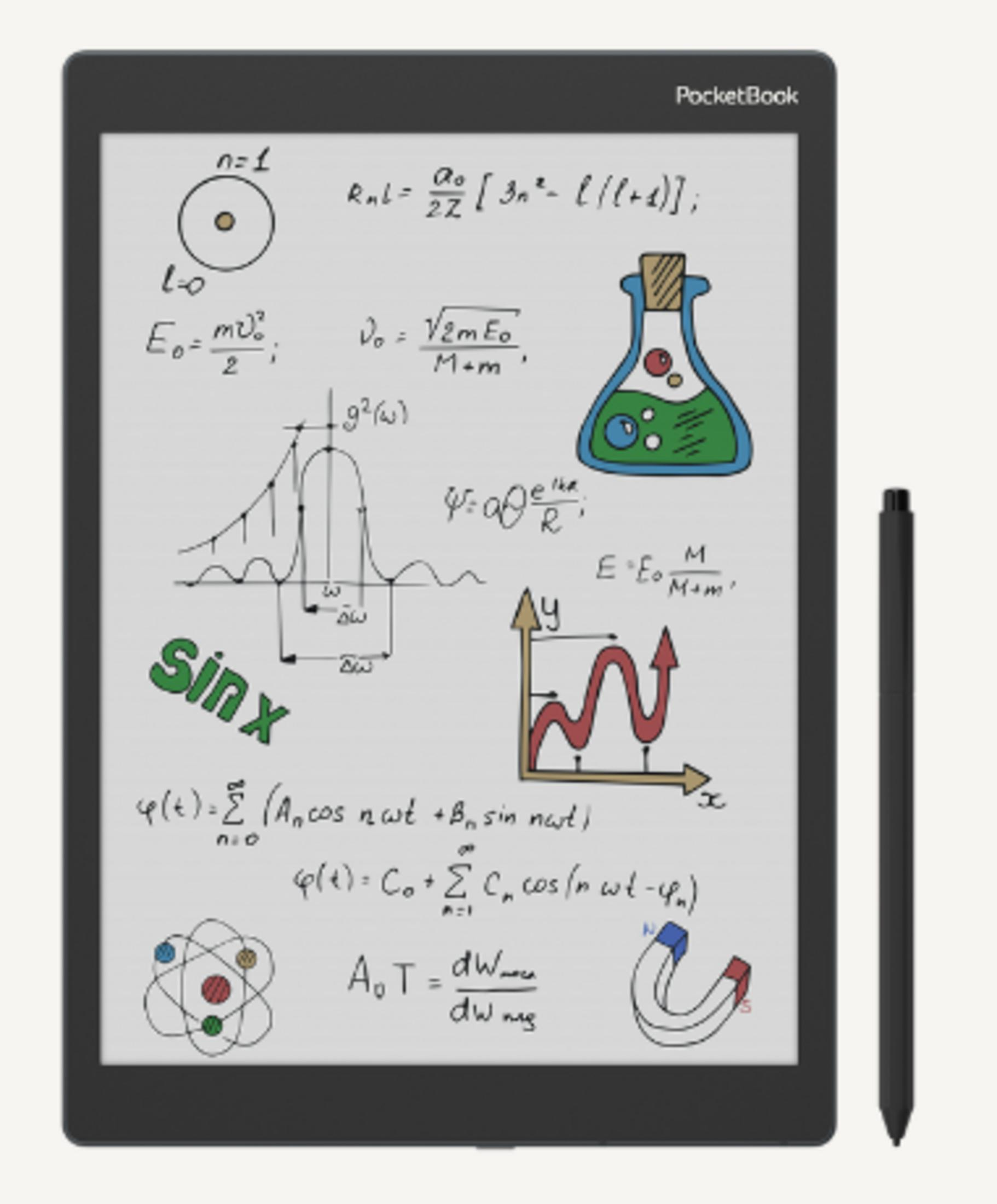 Ein E-Reader mit physikalischen Formeln, Diagrammen und Symbolen.