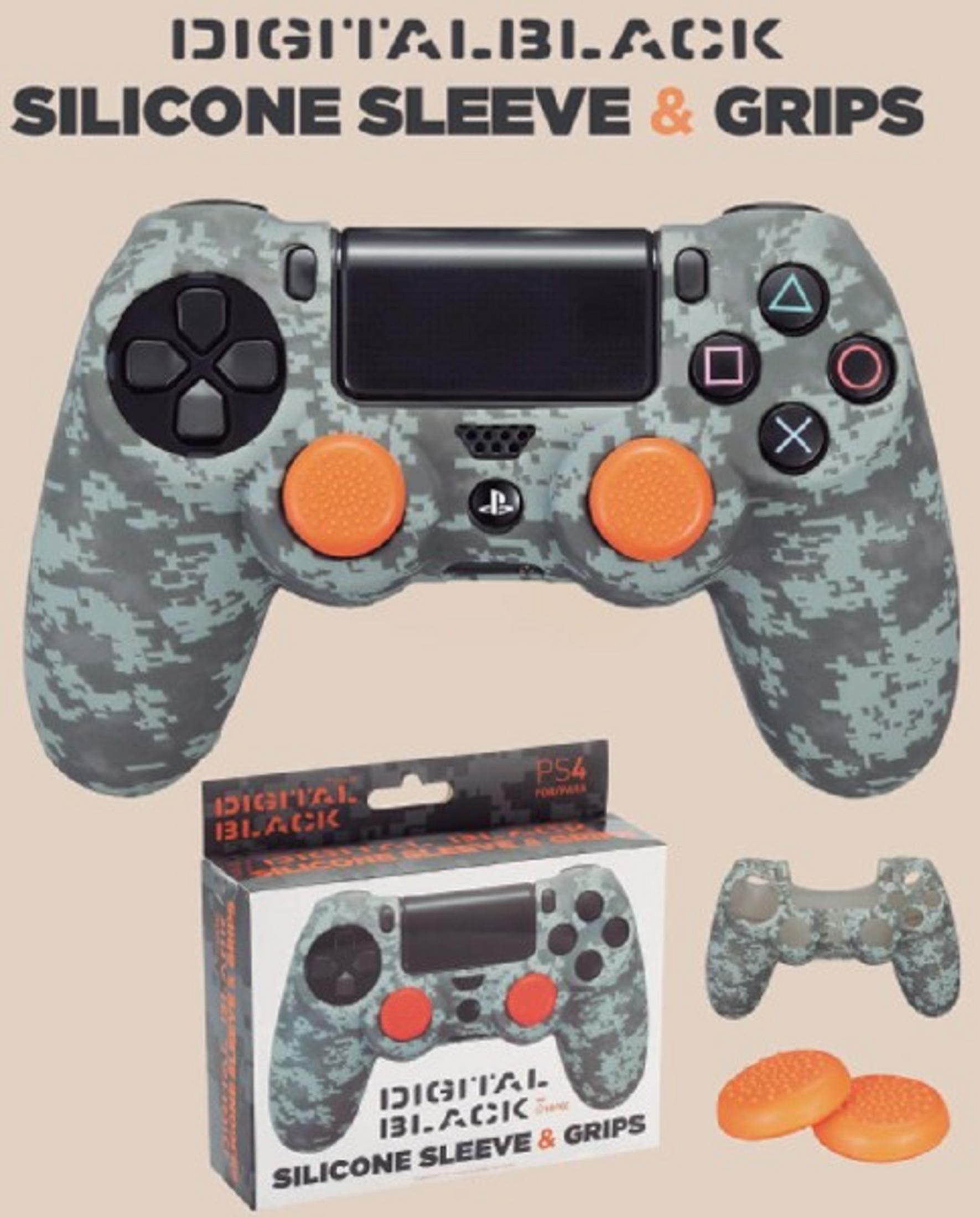 Controlador PS4 de camuflaje digital con sticks analógicos naranjas, embalaje y funda.