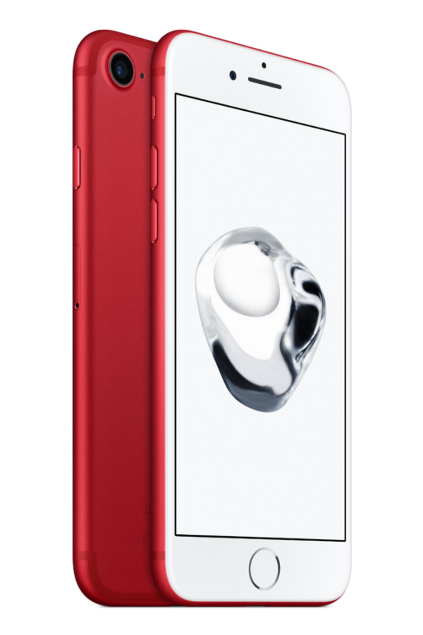 Due iPhone rossi, uno davanti con schermo bianco, uno dietro.