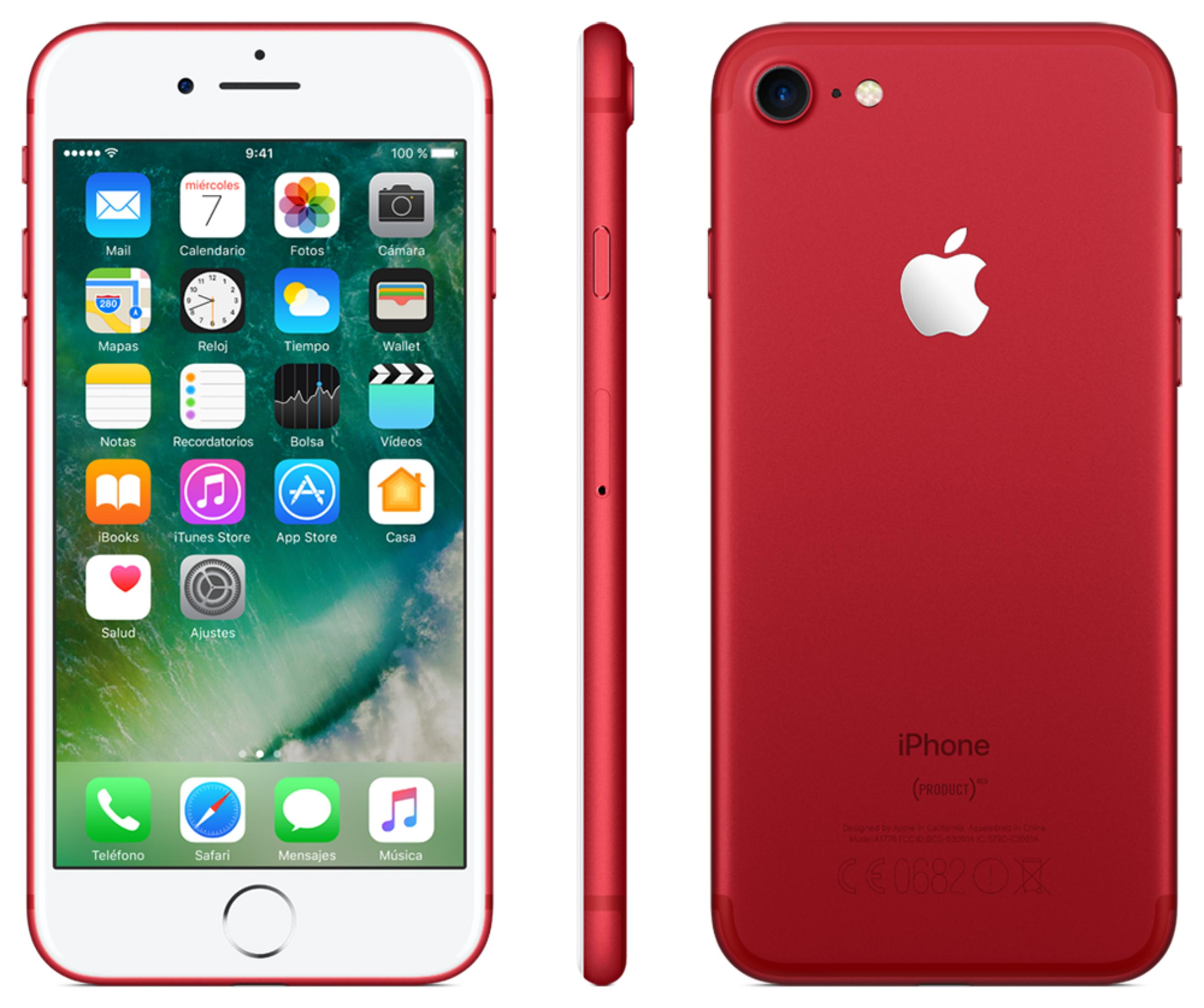 iPhone rosso, viste frontale e laterale, con app sullo schermo.