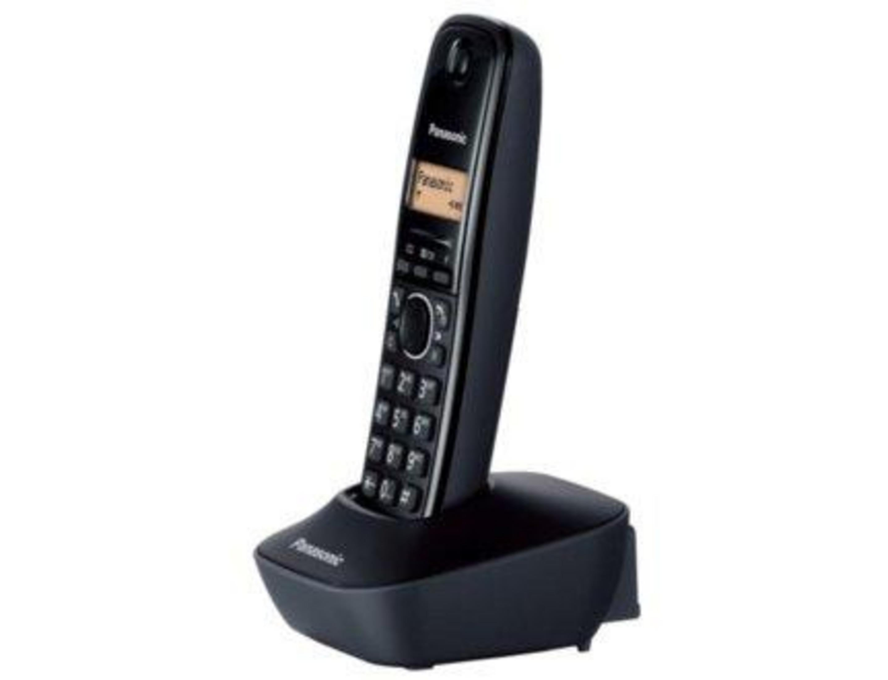 Un telefono cordless Panasonic nero è sulla sua base di ricarica.