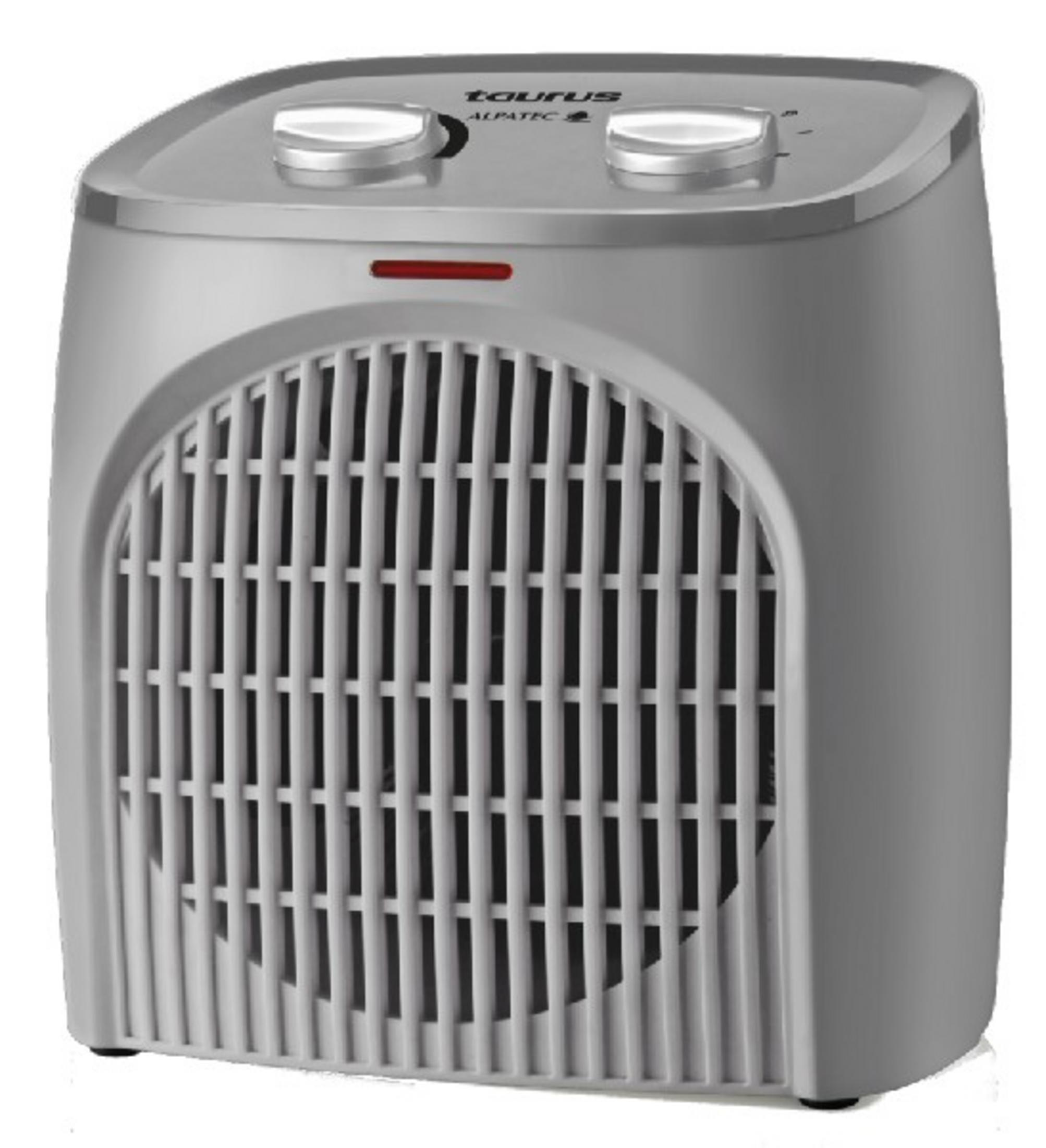 Una stufetta argentata con due manopole rotanti e una griglia di ventilazione.