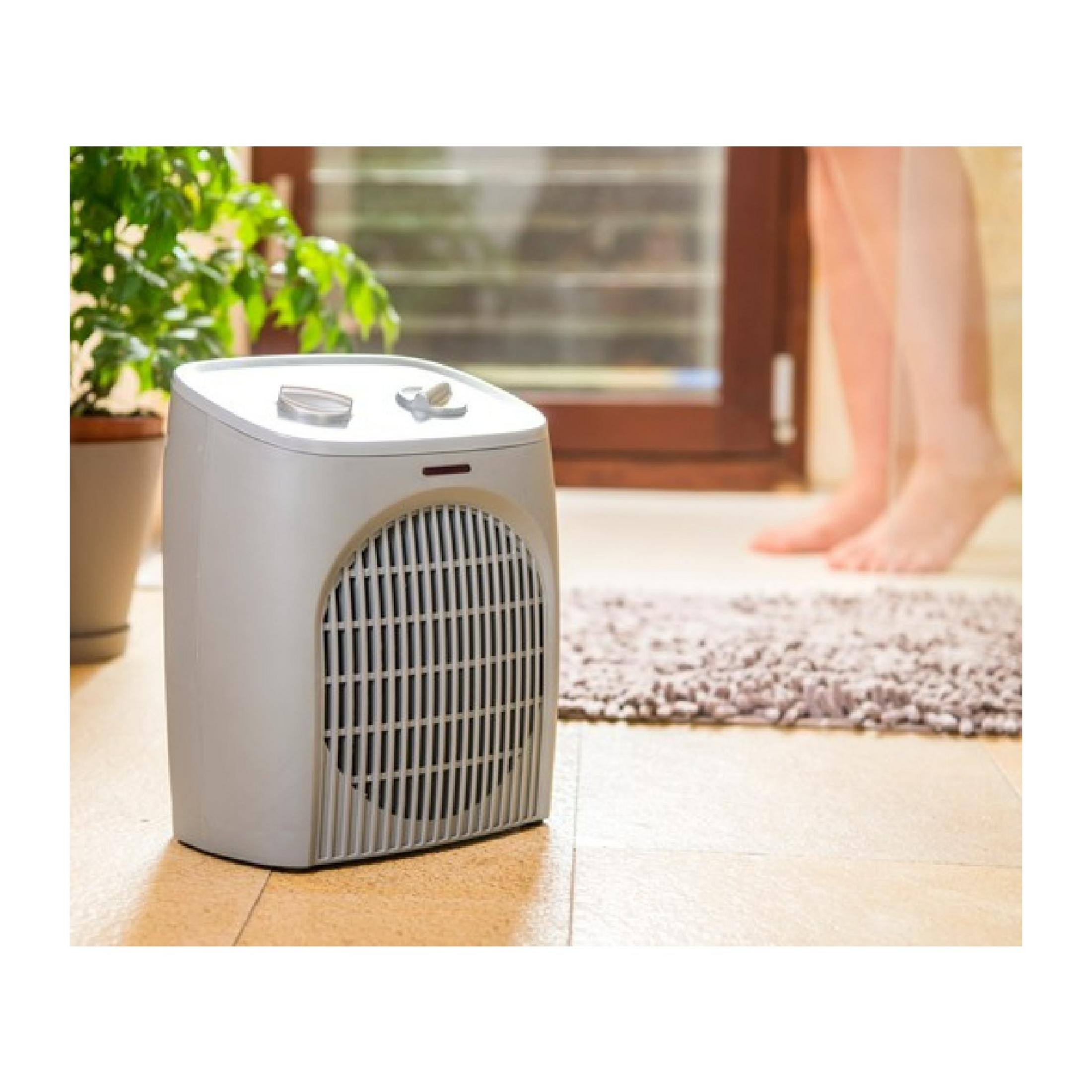 Una stufetta a ventilatore bianca è su un pavimento in legno accanto a una pianta.
