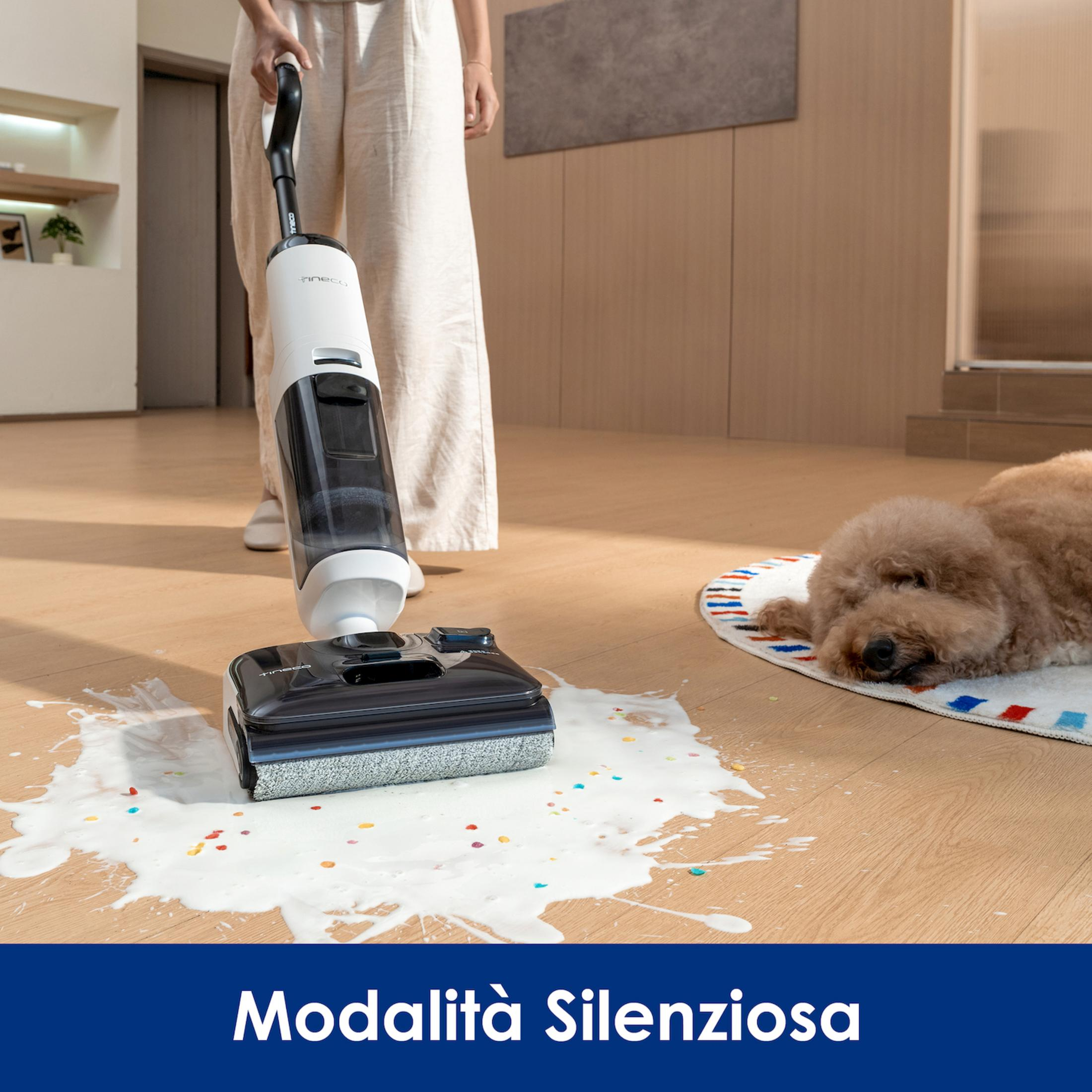 Pies odpoczywa na macie, podczas gdy osoba używa odkurzacza na mokro/sucho.