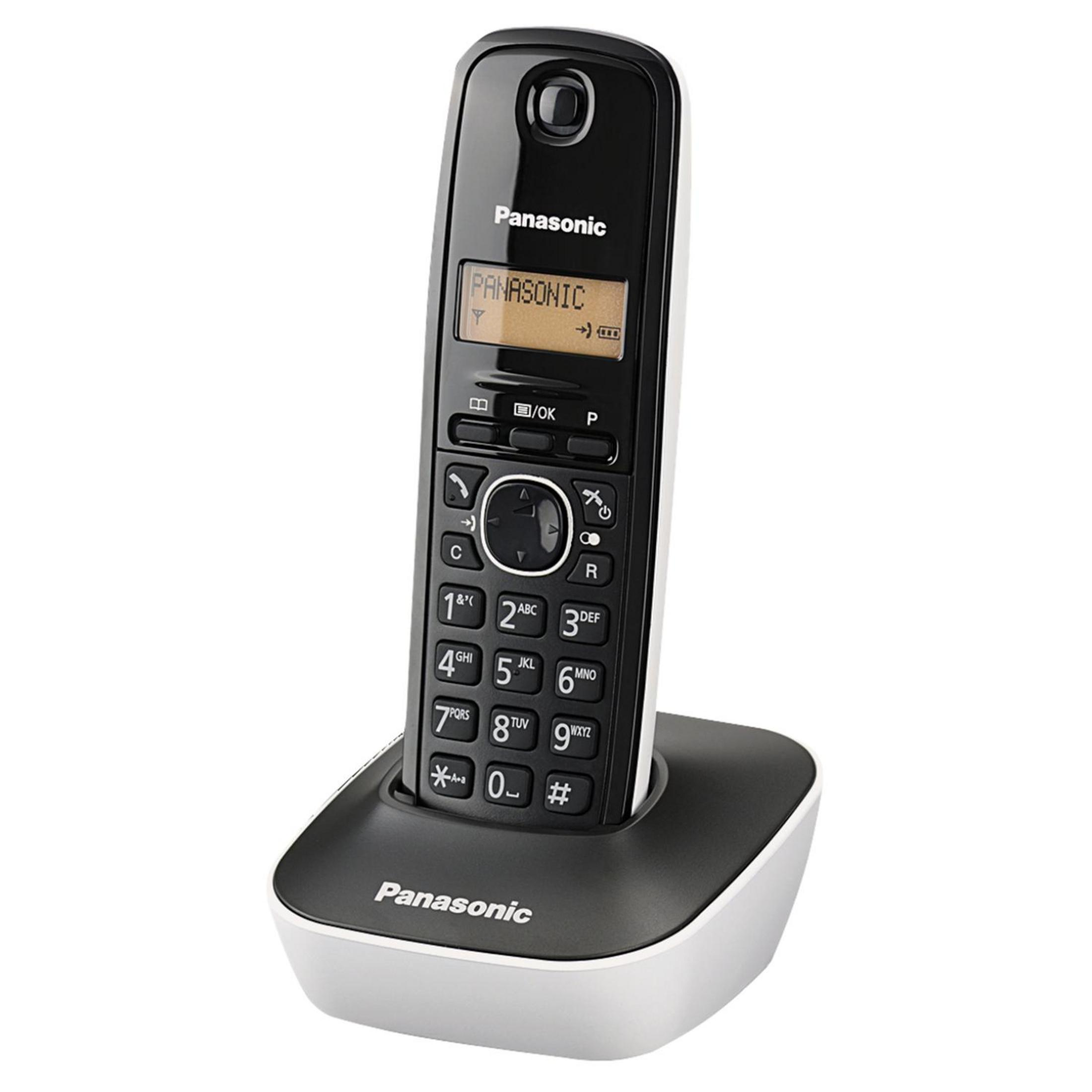 Un telefono cordless Panasonic nero con tastiera e display è su una base di ricarica.
