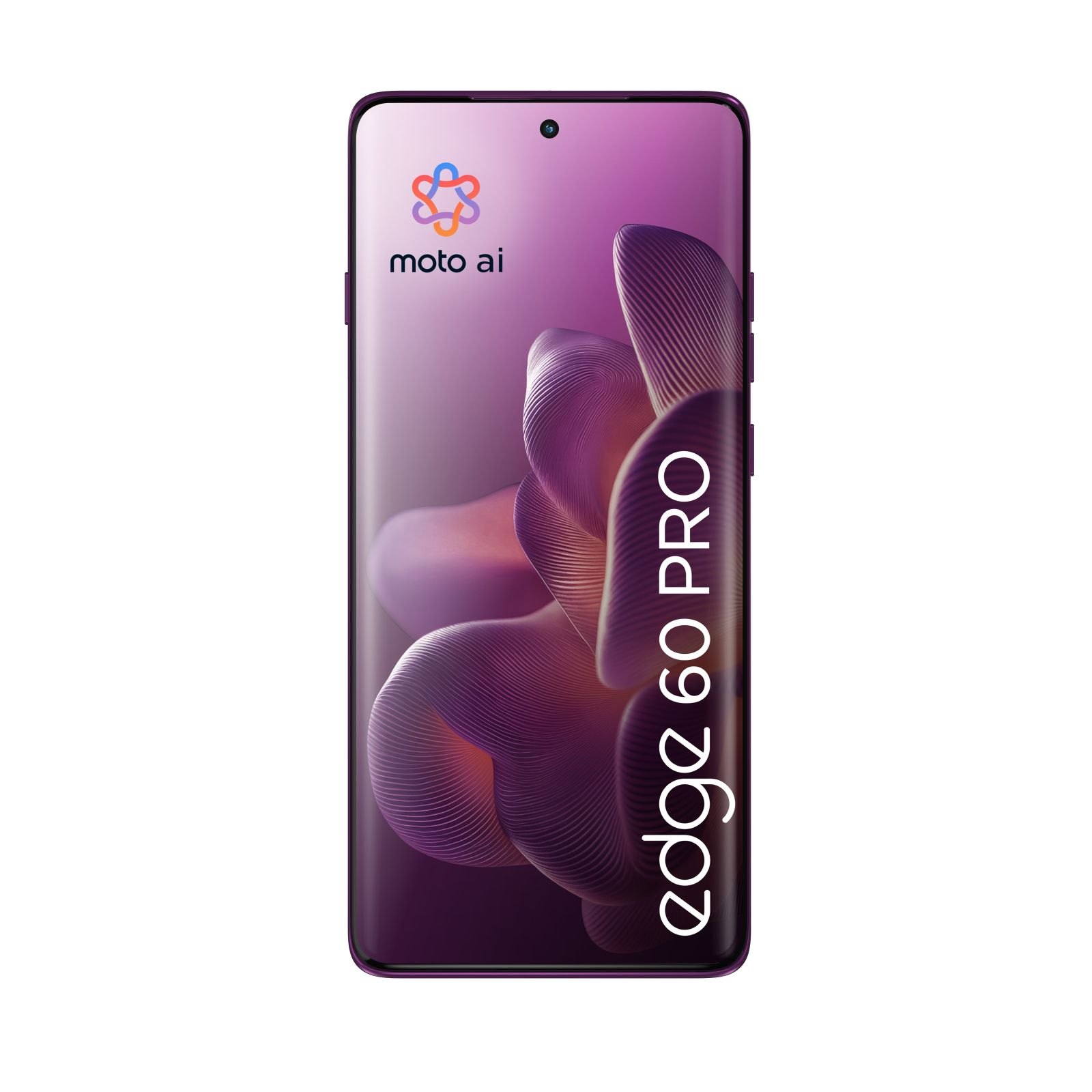 Lila Motorola Edge 60 Pro Smartphone mit abstraktem Hintergrundbild und Moto AI Logo.