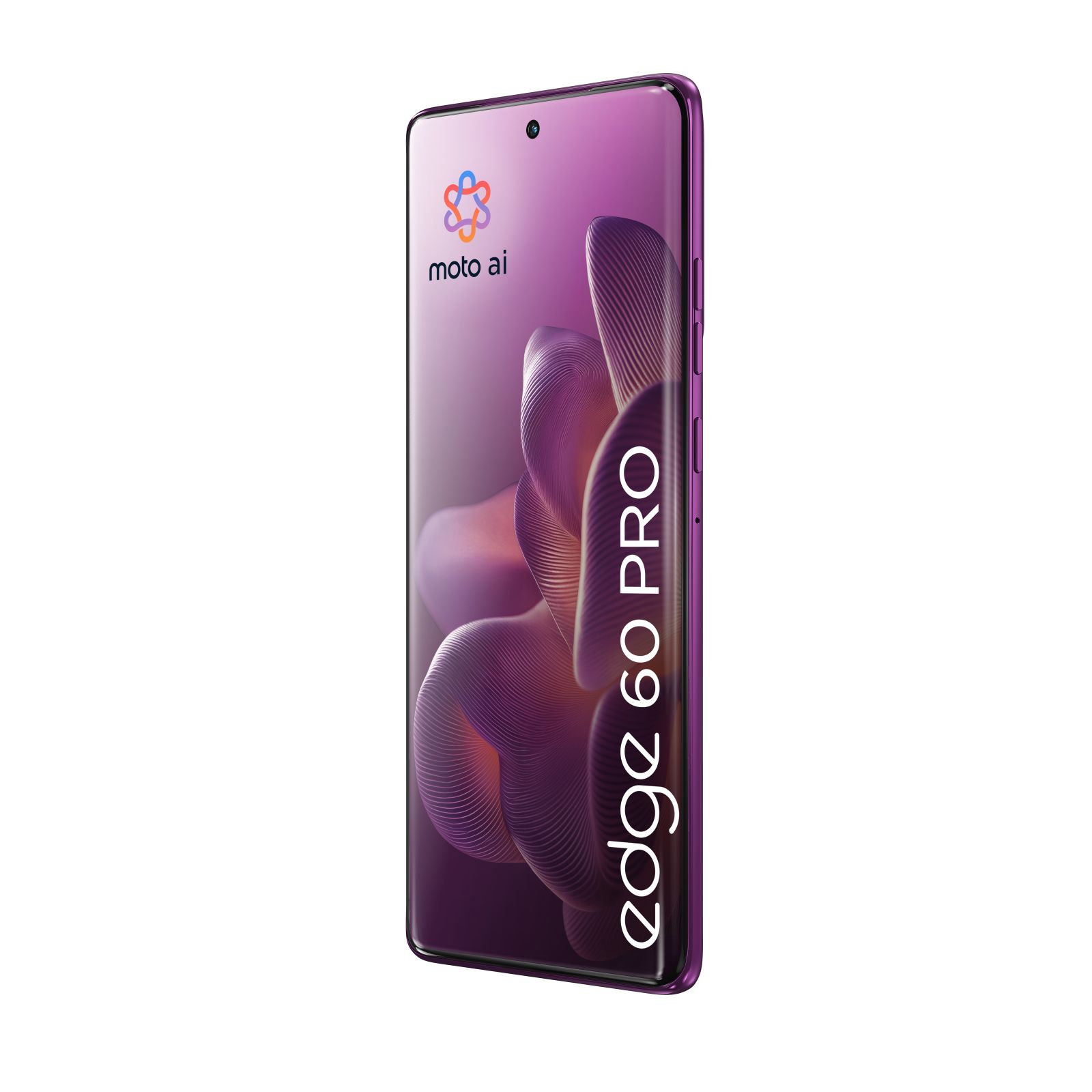 Ein violettes Motorola Edge 60 Pro Smartphone mit Moto AI-Logo.