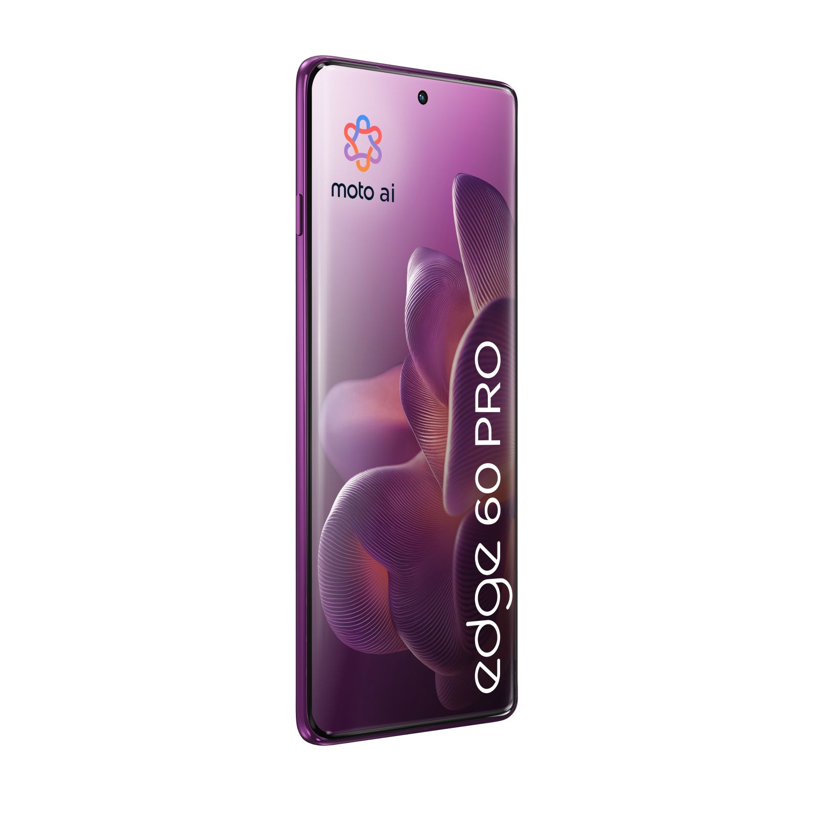 Lila Motorola Edge 60 Pro Smartphone mit moto ai Logo und abstraktem Hintergrund.