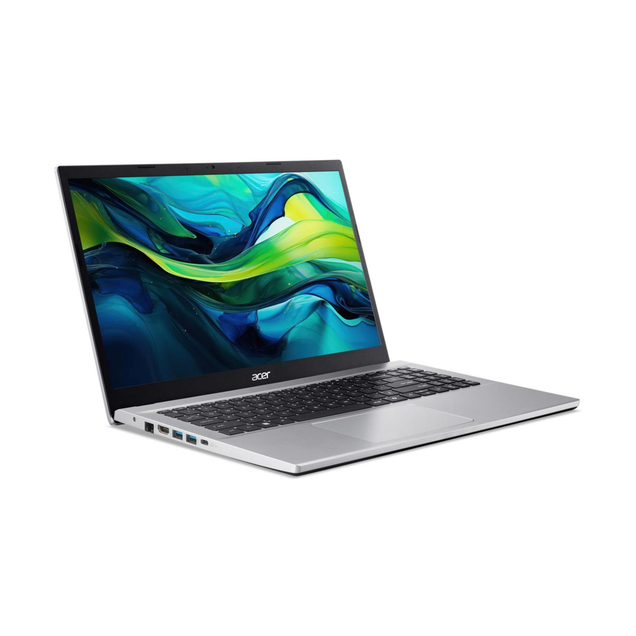 Un laptop Acer argentato con uno sfondo astratto colorato sullo schermo.
