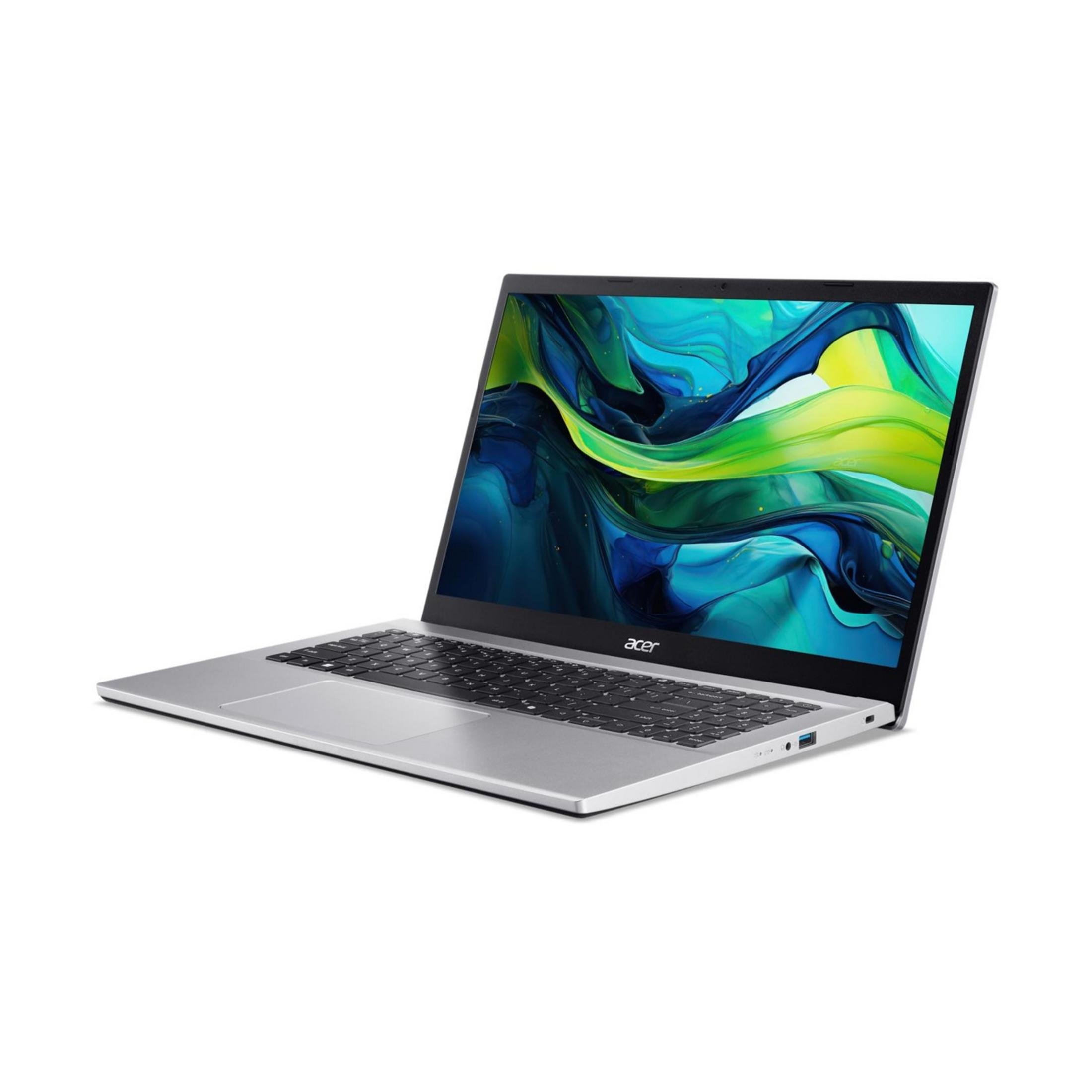 Un laptop argento con lo schermo aperto, che mostra uno sfondo astratto blu e verde.