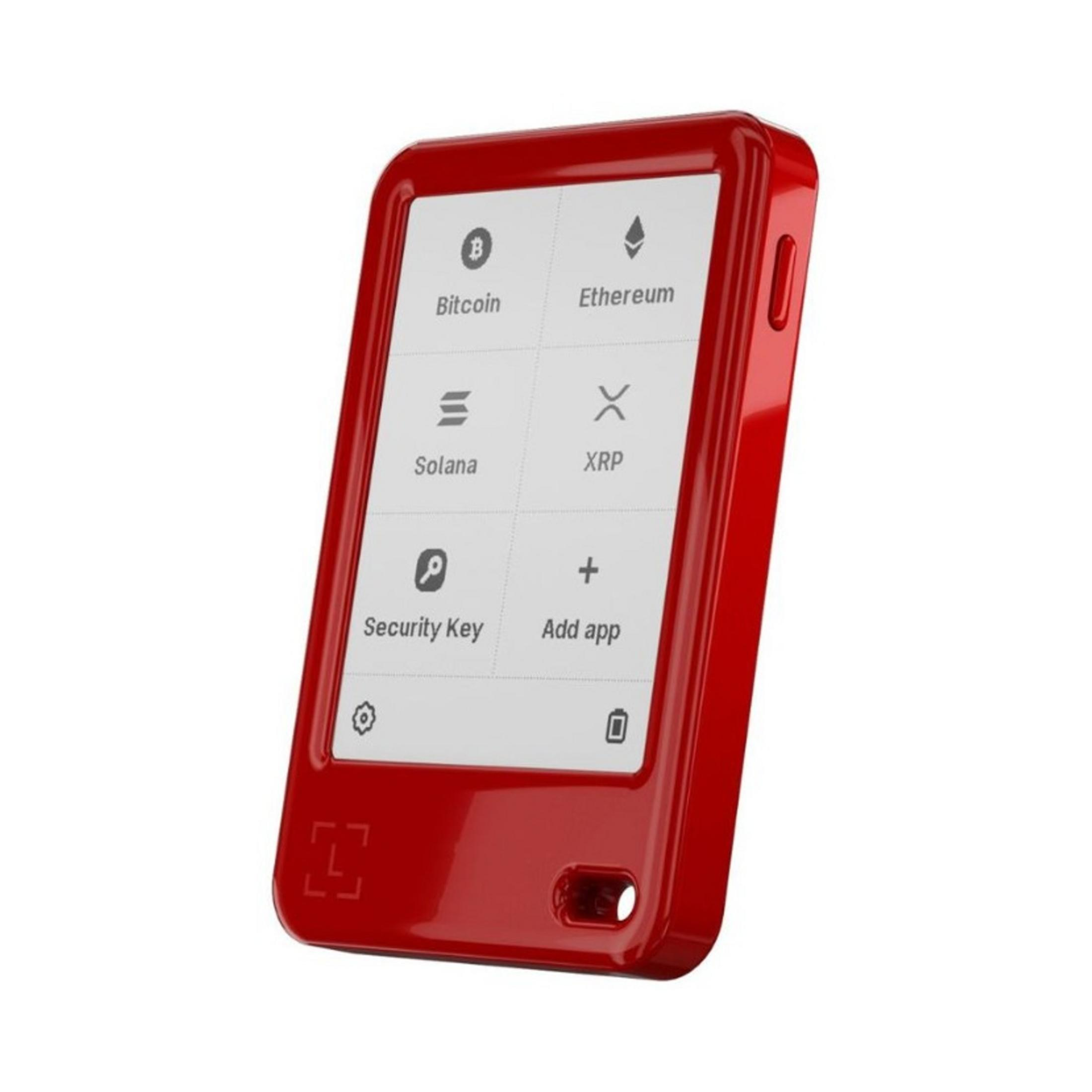 Una billetera cripto roja con pantalla que muestra iconos y texto de Bitcoin, Ethereum, Solana, XRP.