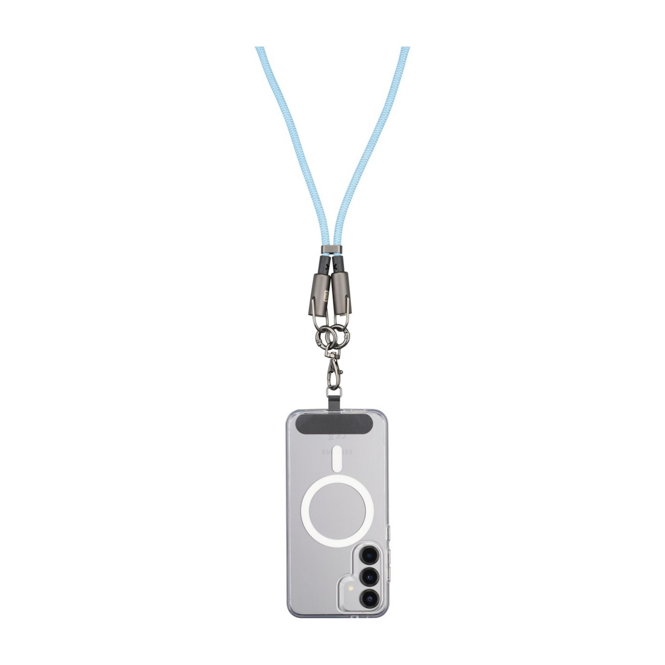 Eine durchsichtige Handyhülle mit einer blauen Lanyard, die am Magnetring befestigt ist.